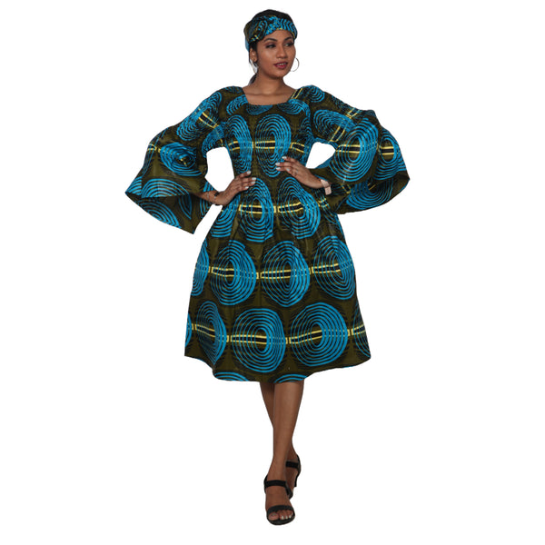 Women's Long Sleeve Smocking Short Dress with Bell Sleeves -- FI-50073