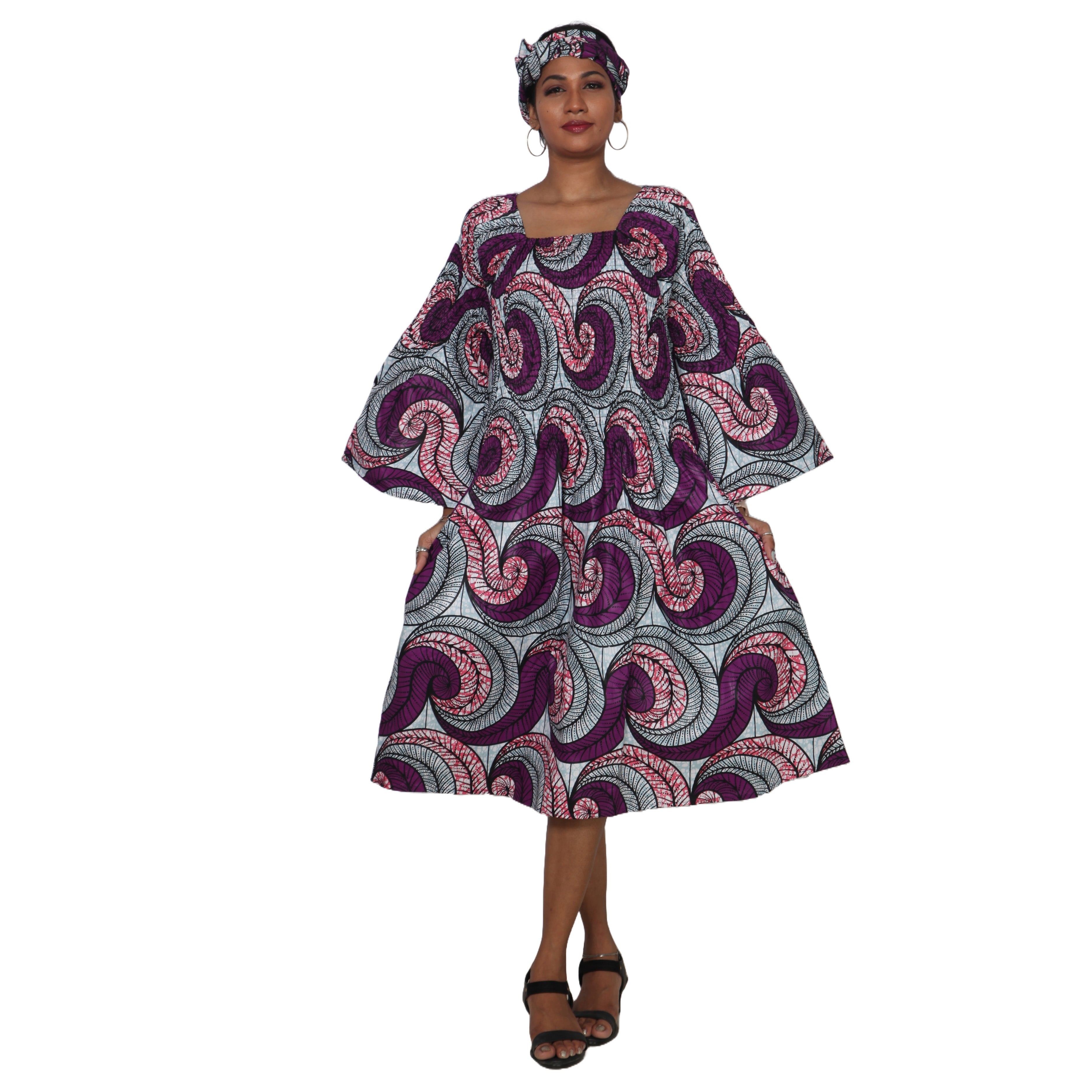 Women's Long Sleeve Smocking Short Dress with Bell Sleeves -- FI-50073
