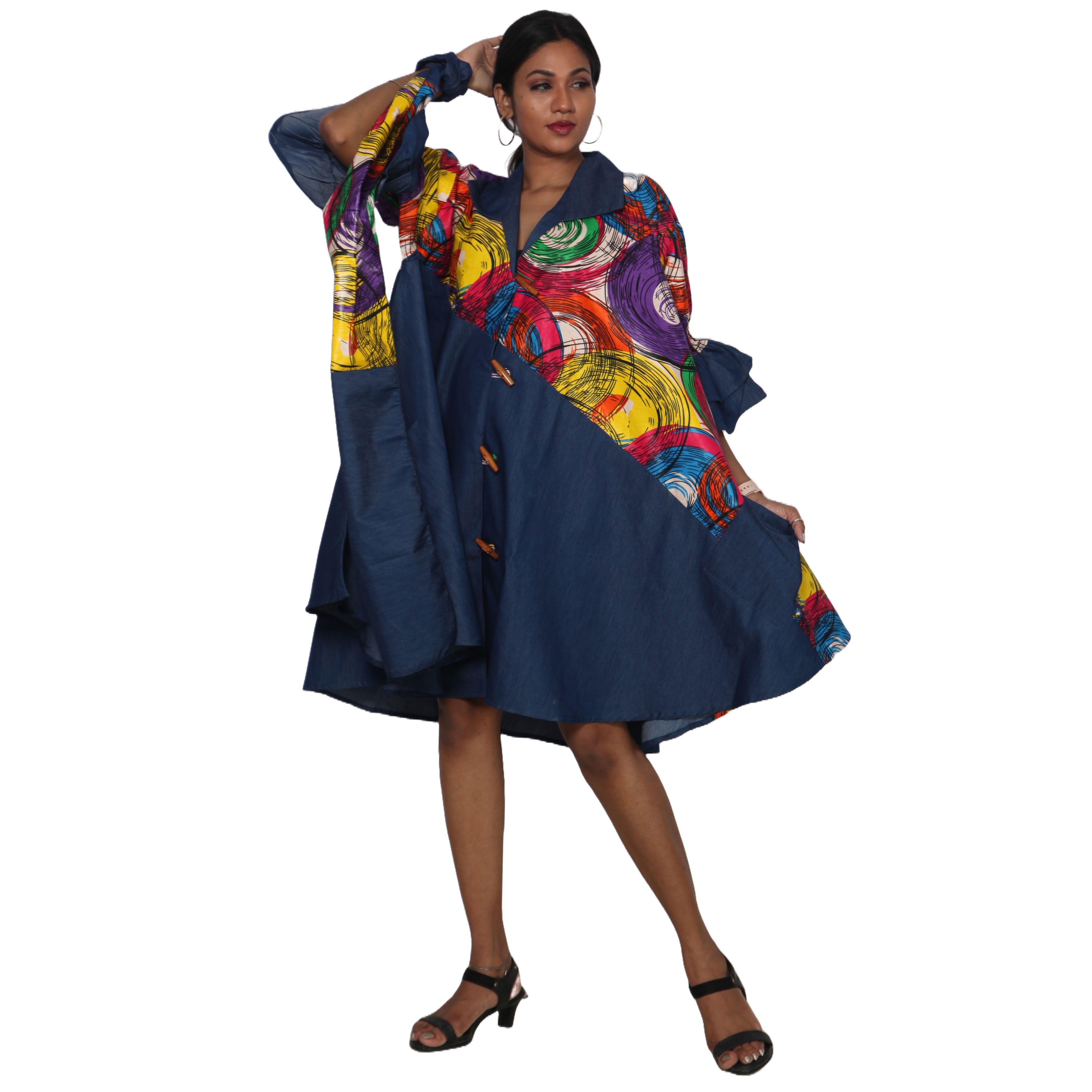 Women's Printed Denim Dress with Toggle Buttons -- FI-3139