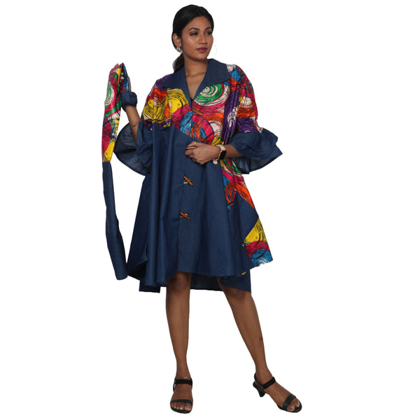 Women's Printed Denim Dress with Toggle Buttons -- FI-3139