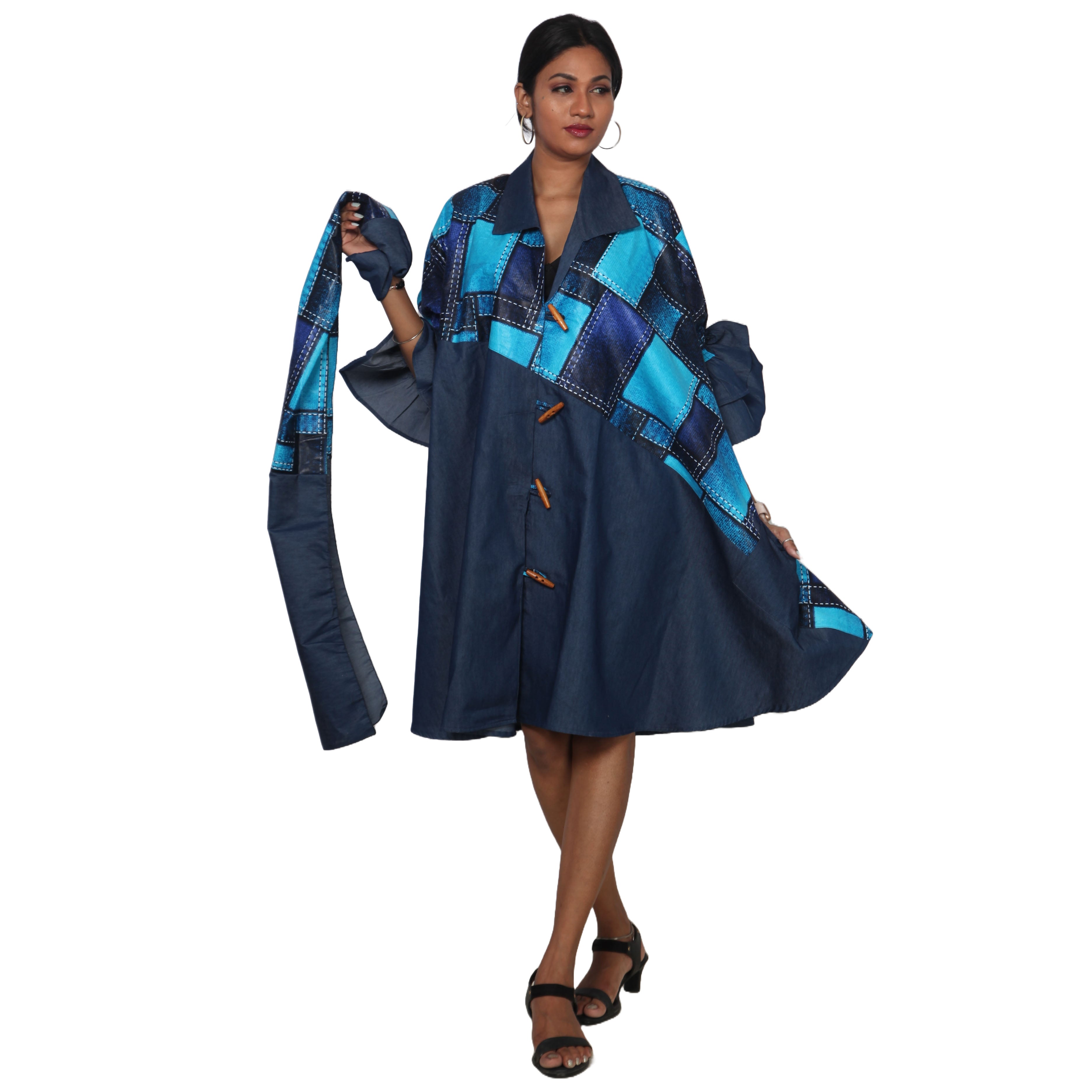 Women's Printed Denim Dress with Toggle Buttons -- FI-3139