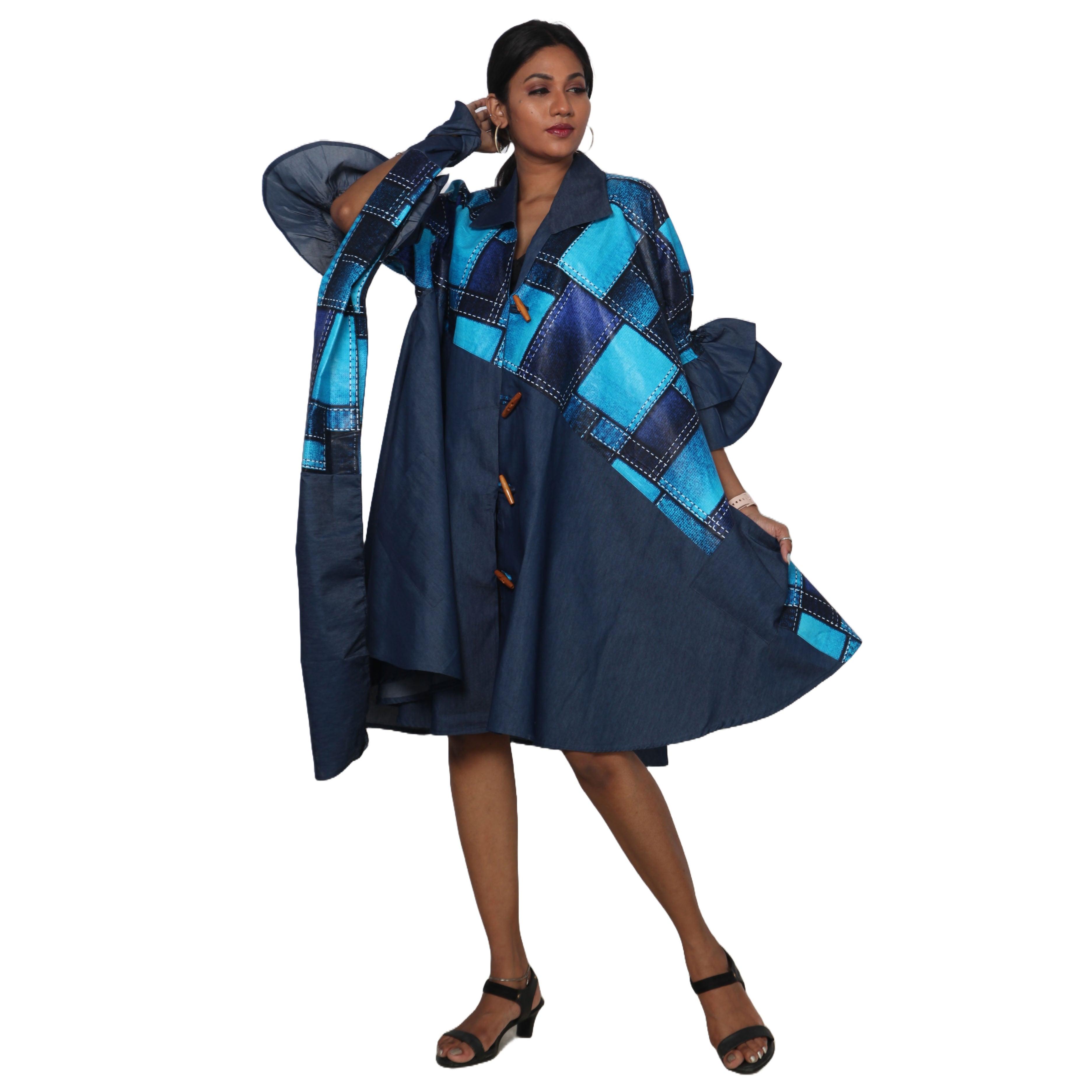 Women's Printed Denim Dress with Toggle Buttons -- FI-3139