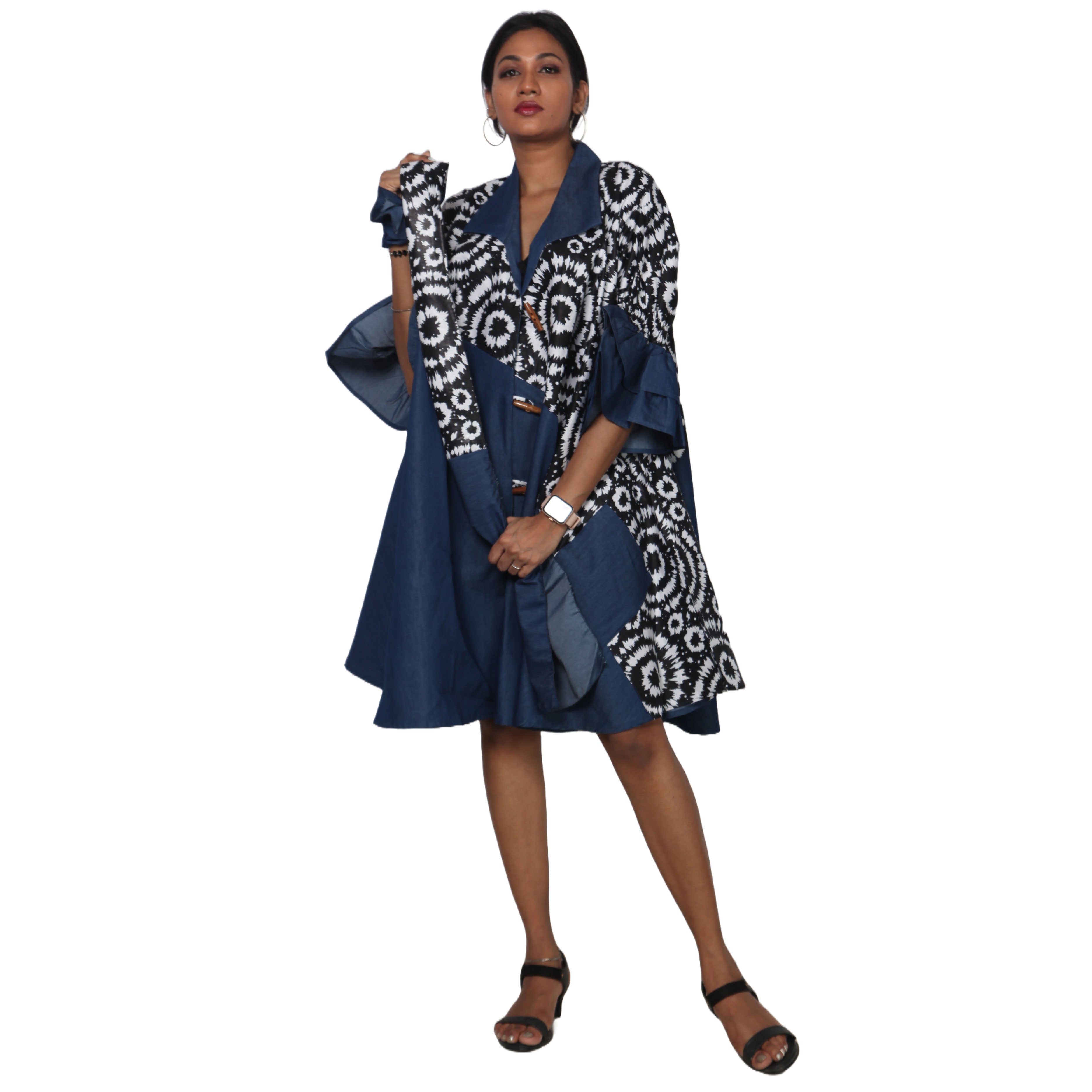 Women's Printed Denim Dress with Toggle Buttons -- FI-3139