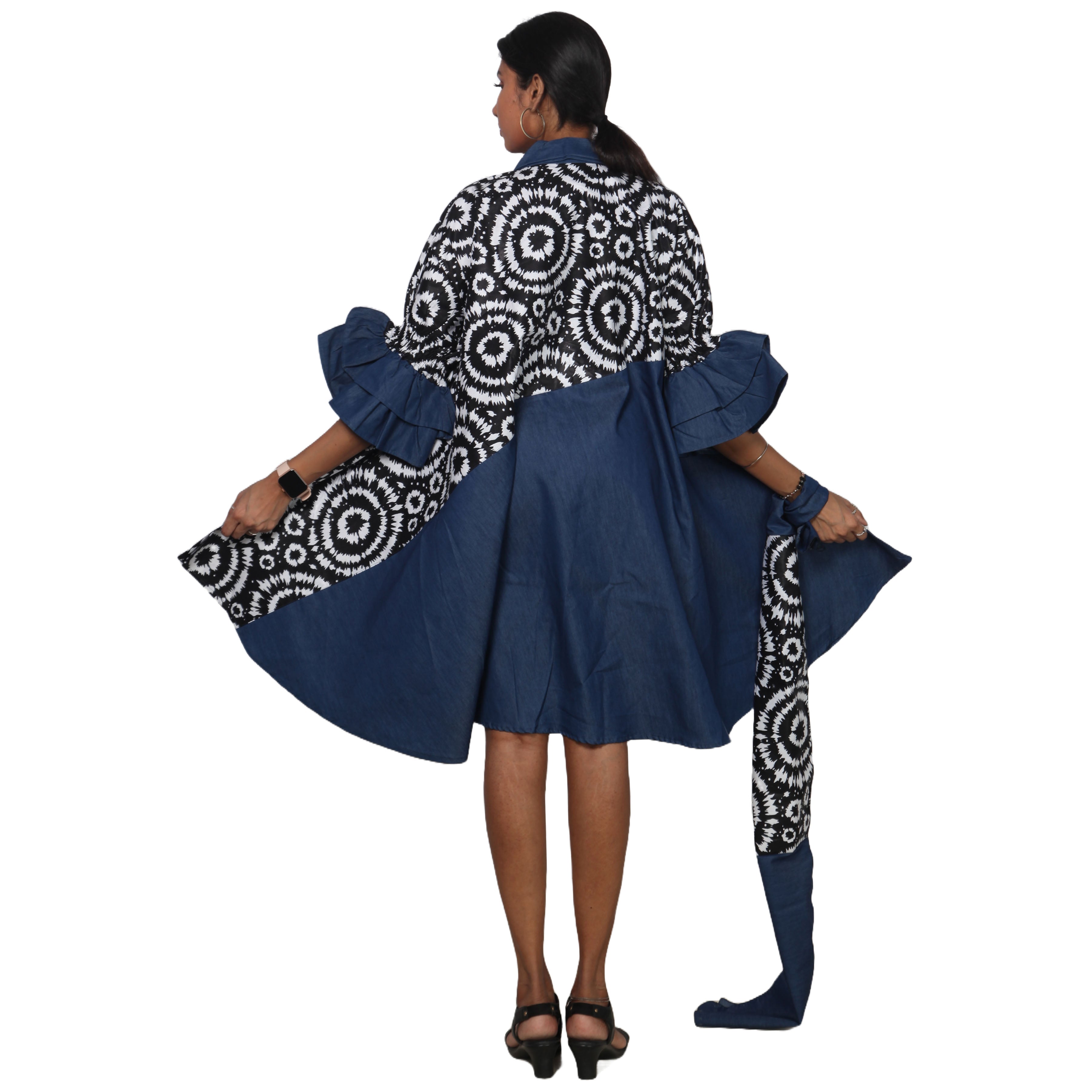 Women's Printed Denim Dress with Toggle Buttons -- FI-3139