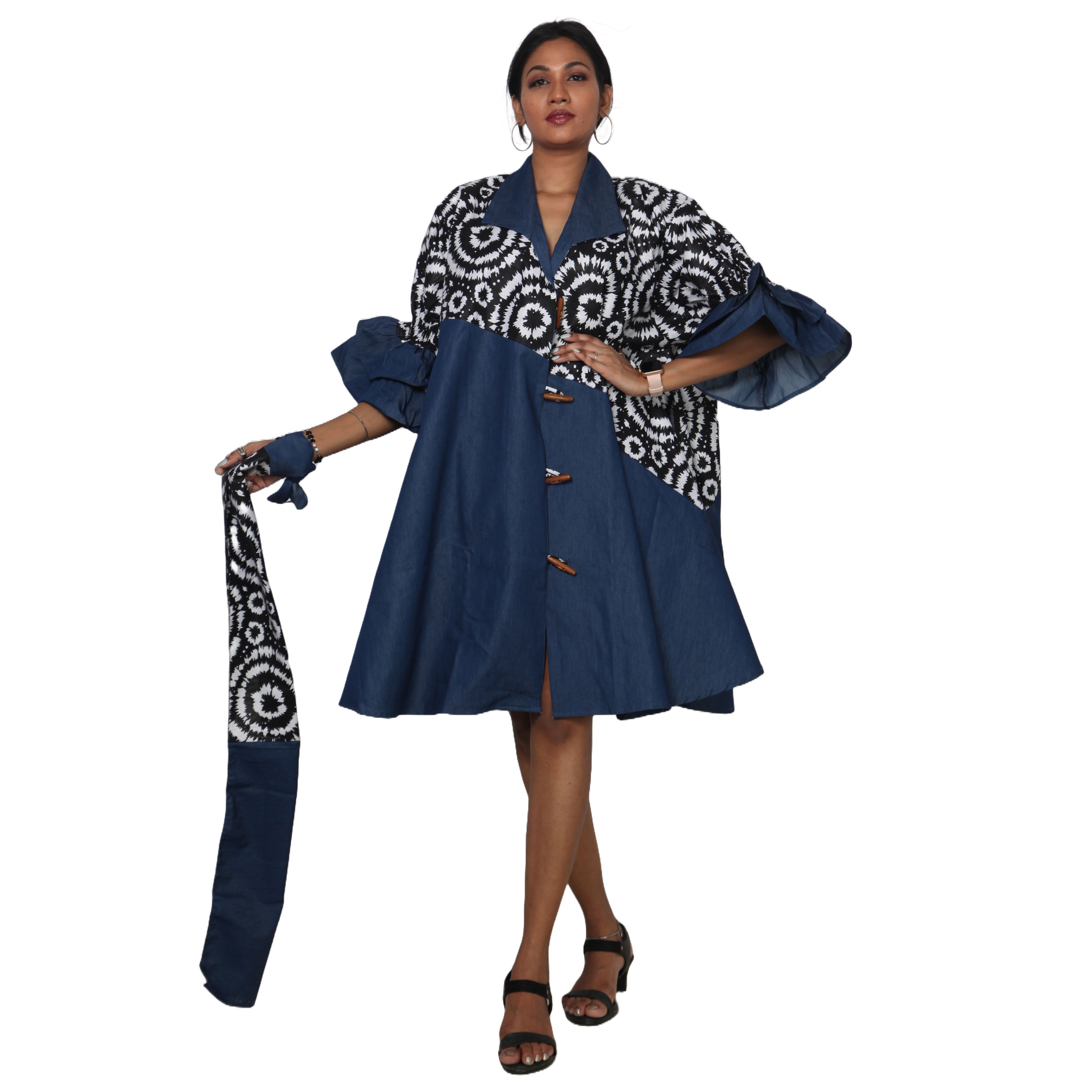 Women's Printed Denim Dress with Toggle Buttons -- FI-3139