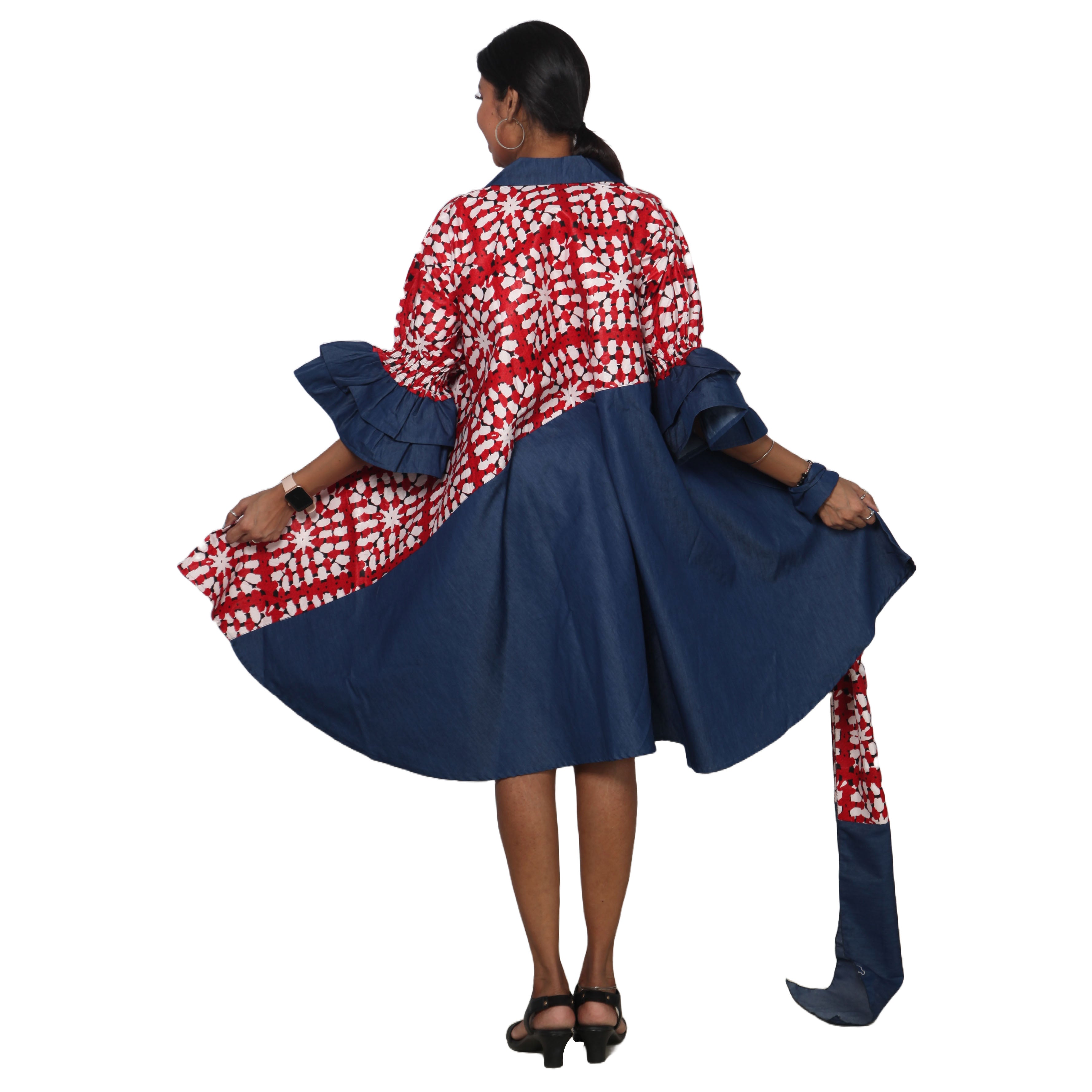 Women's Printed Denim Dress with Toggle Buttons -- FI-3139