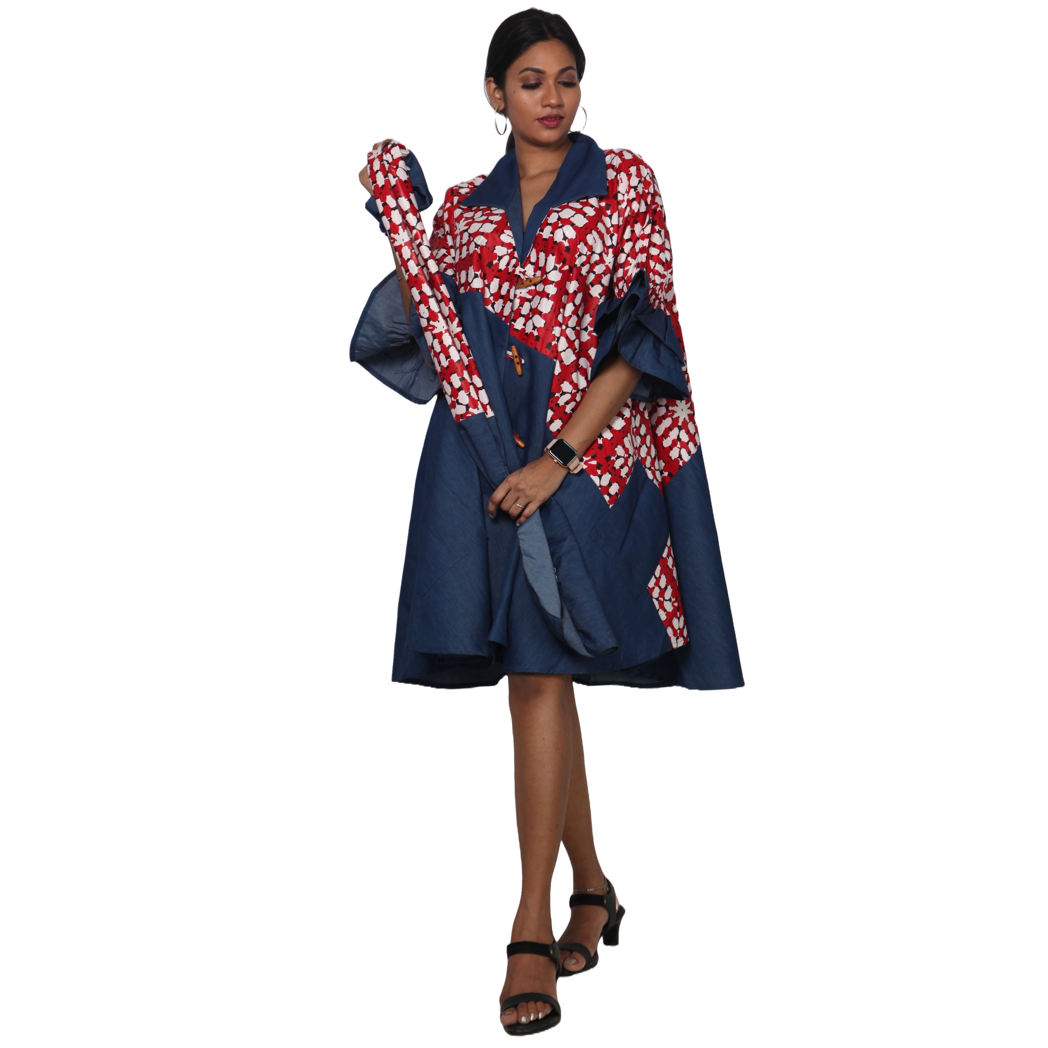Women's Printed Denim Dress with Toggle Buttons -- FI-3139