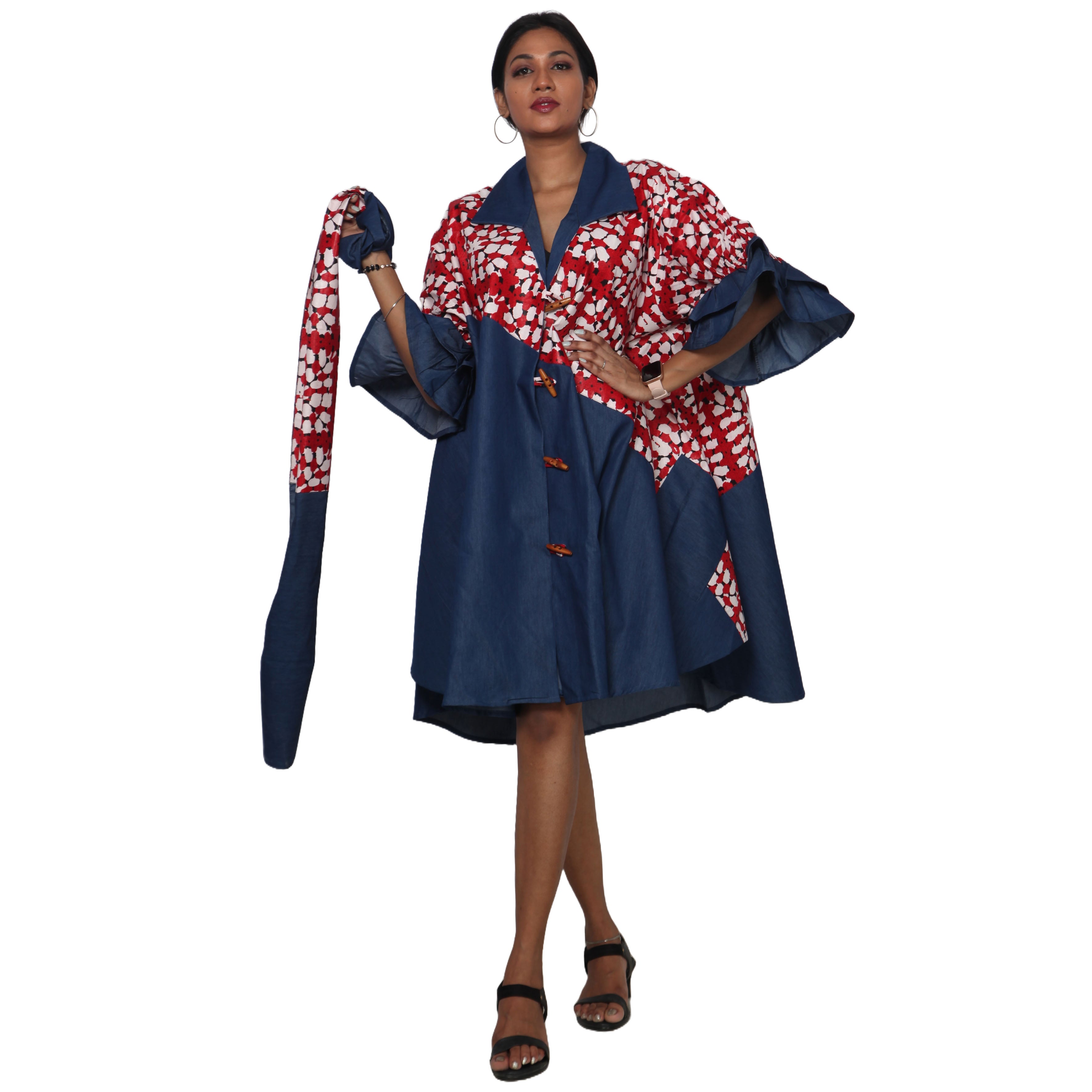 Women's Printed Denim Dress with Toggle Buttons -- FI-3139