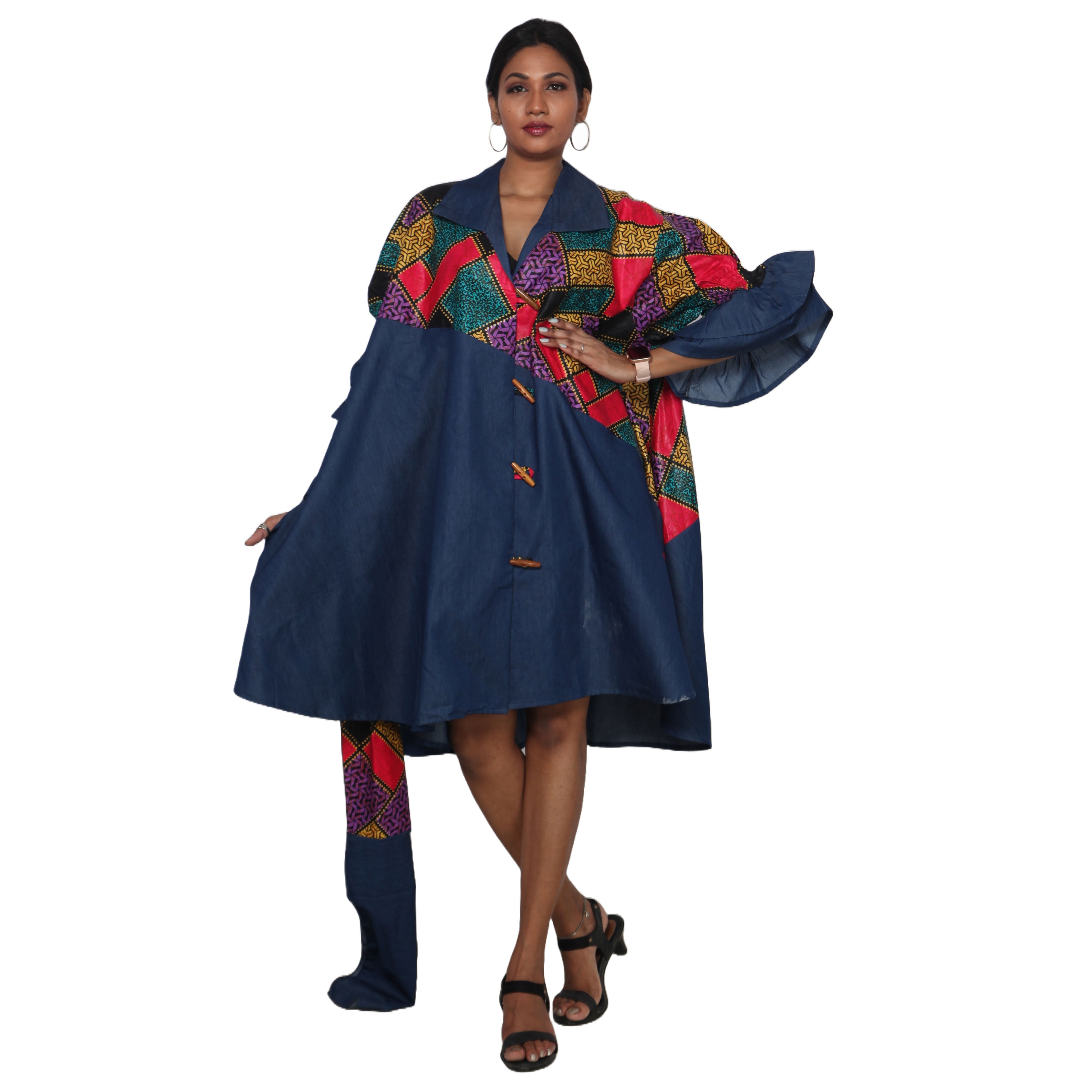 Women's Printed Denim Dress with Toggle Buttons -- FI-3139