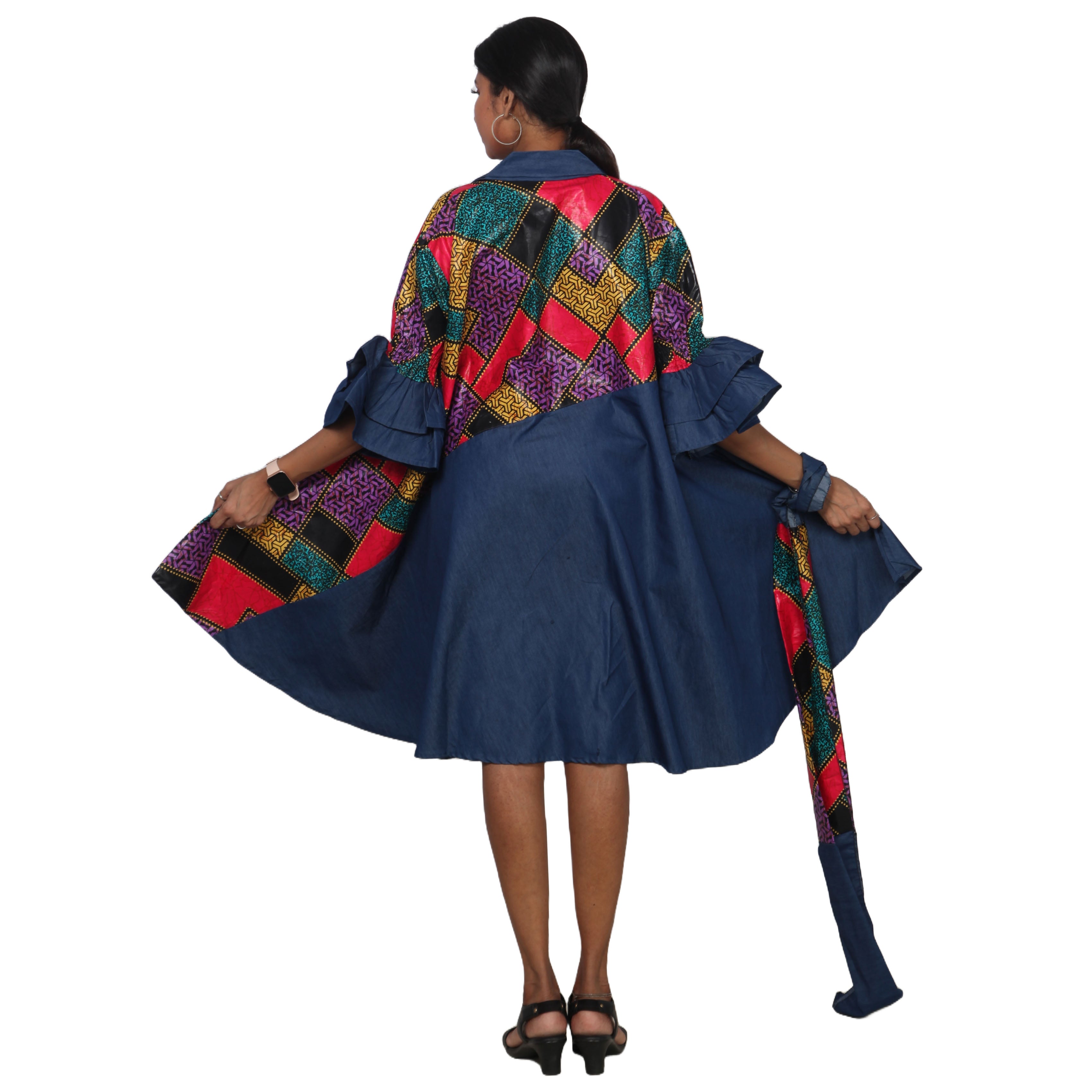 Women's Printed Denim Dress with Toggle Buttons -- FI-3139