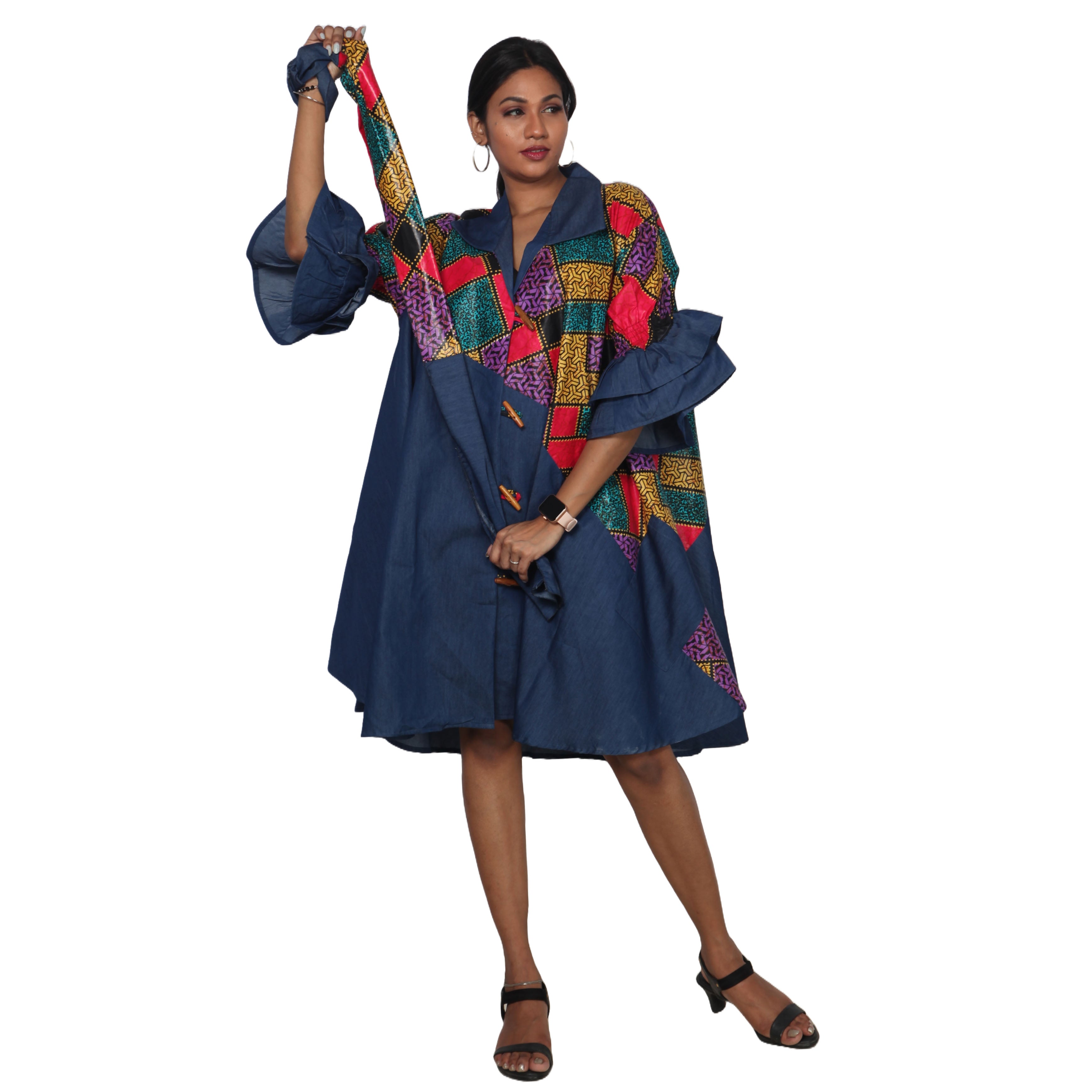 Women's Printed Denim Dress with Toggle Buttons -- FI-3139