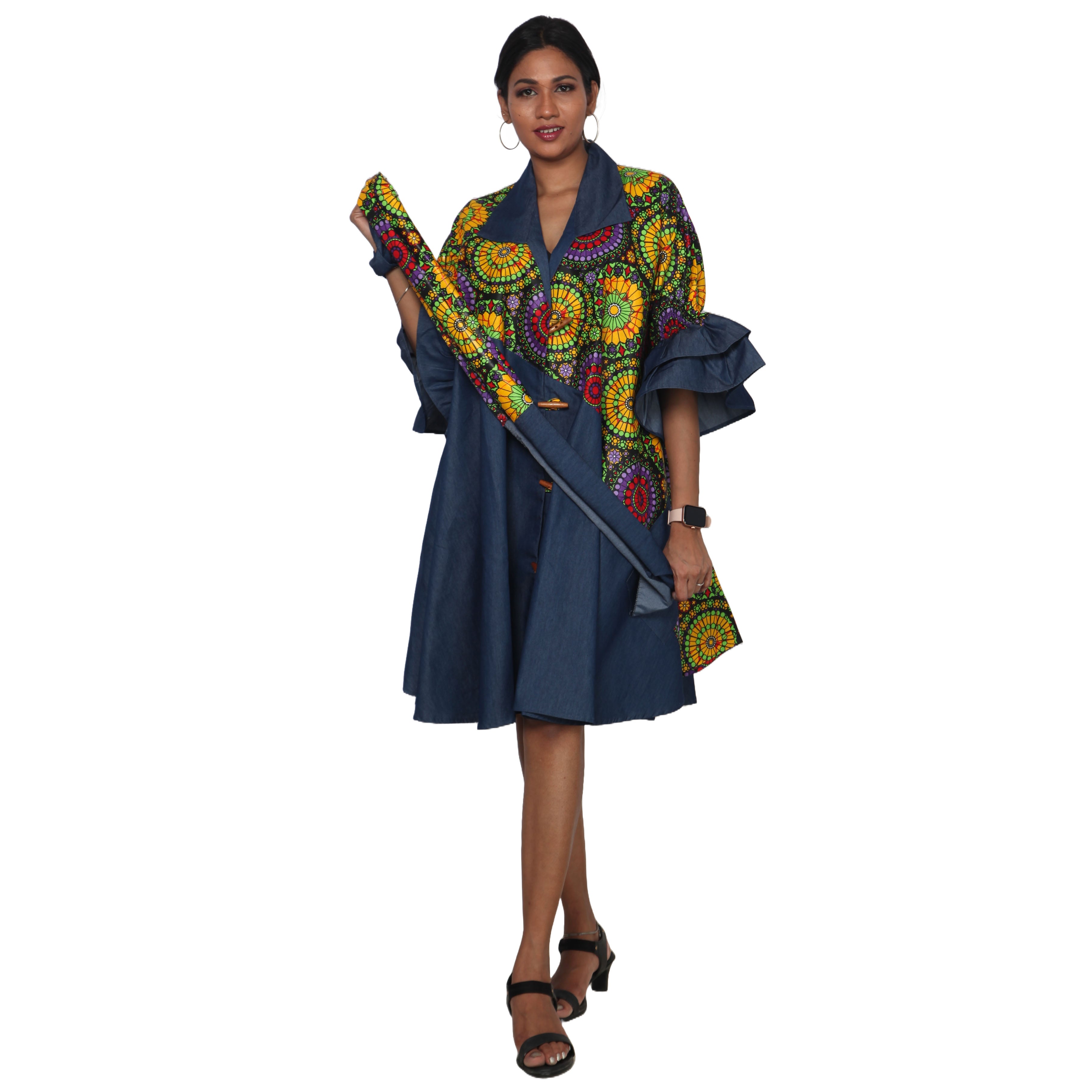 Women's Printed Denim Dress with Toggle Buttons -- FI-3139