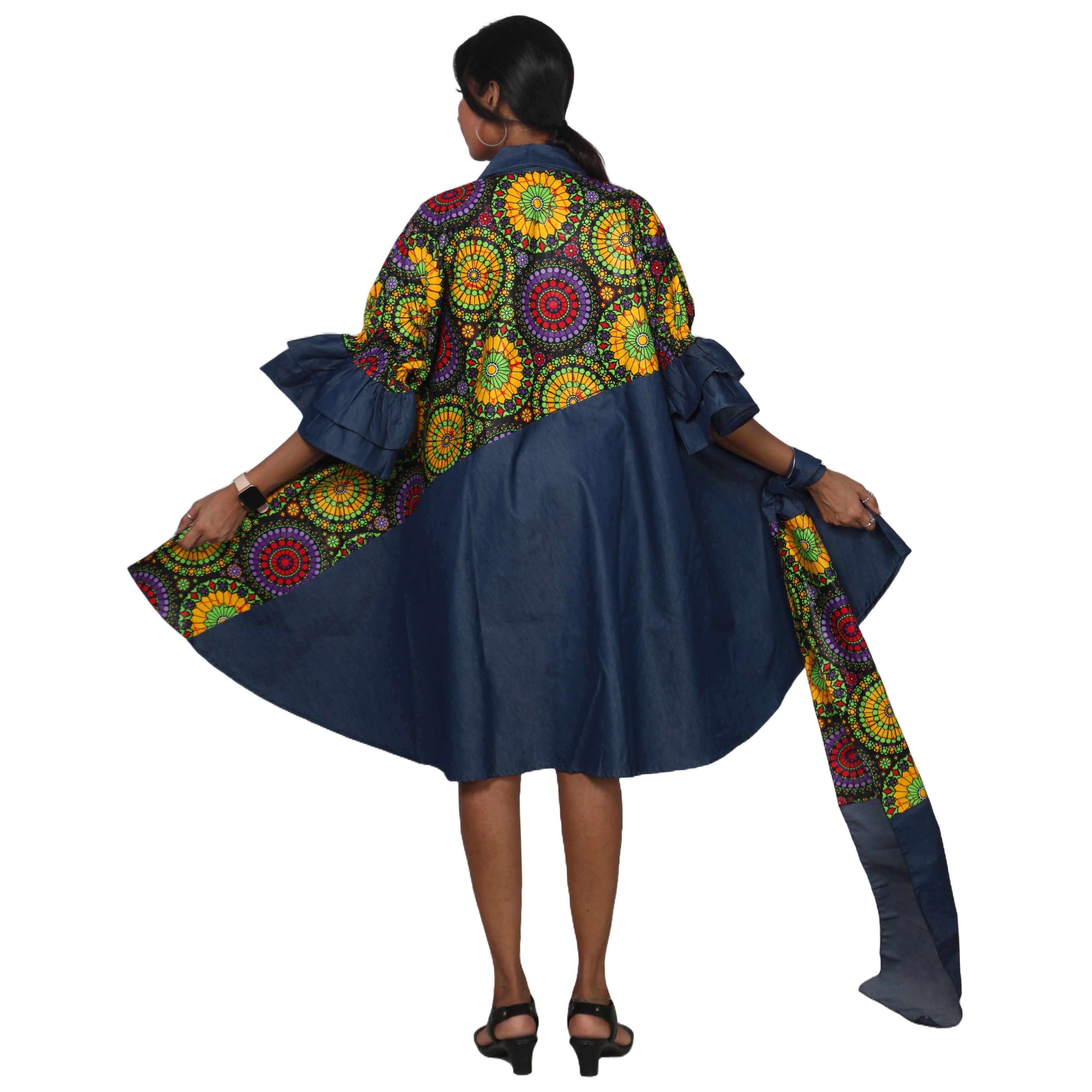 Women's Printed Denim Dress with Toggle Buttons -- FI-3139