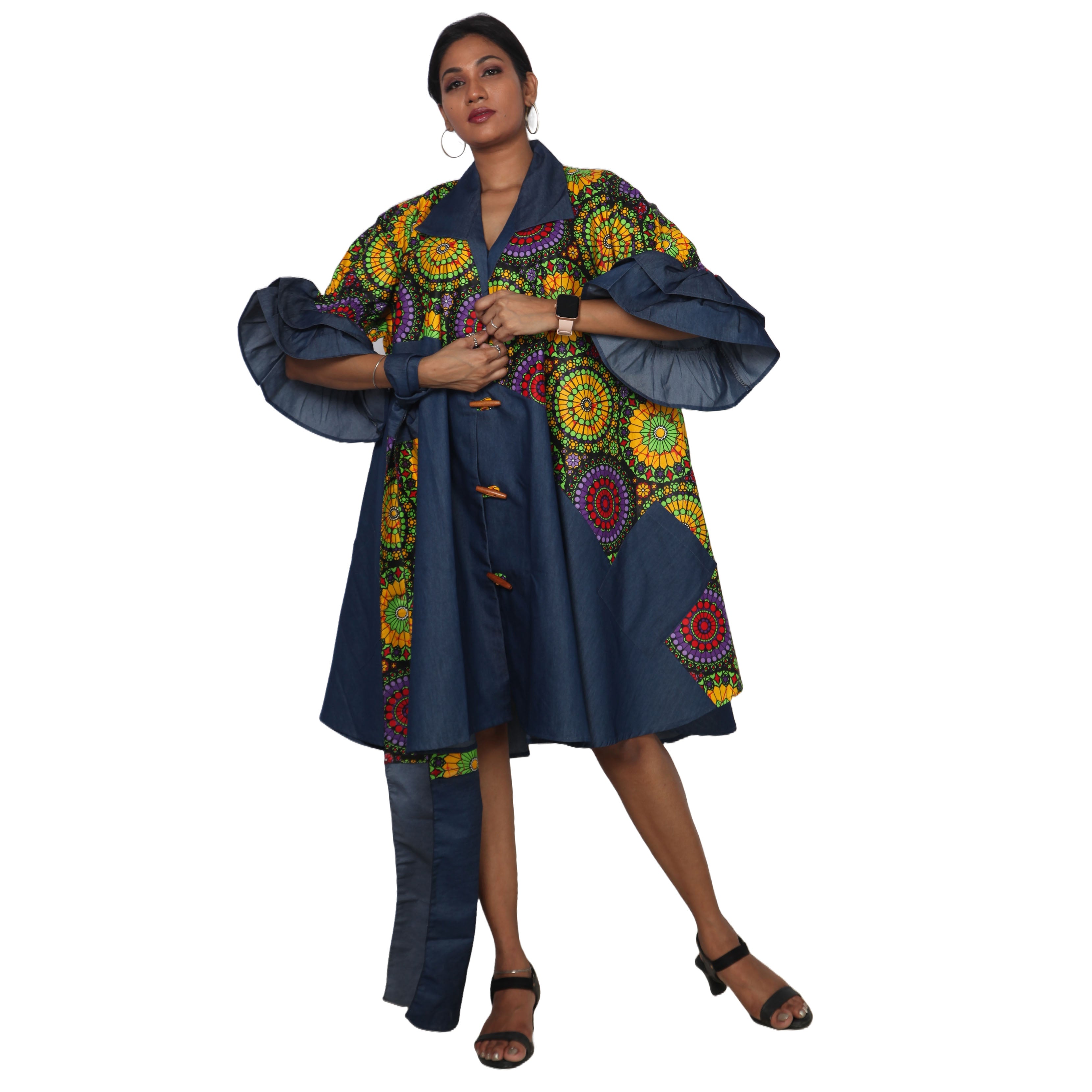 Women's Printed Denim Dress with Toggle Buttons -- FI-3139
