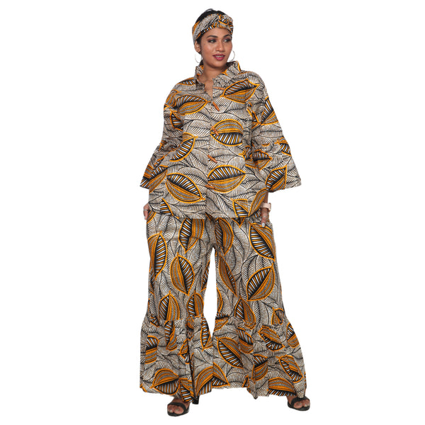 Women's Button Down Top and Palazzo Pants Set -- FI-4050 Print