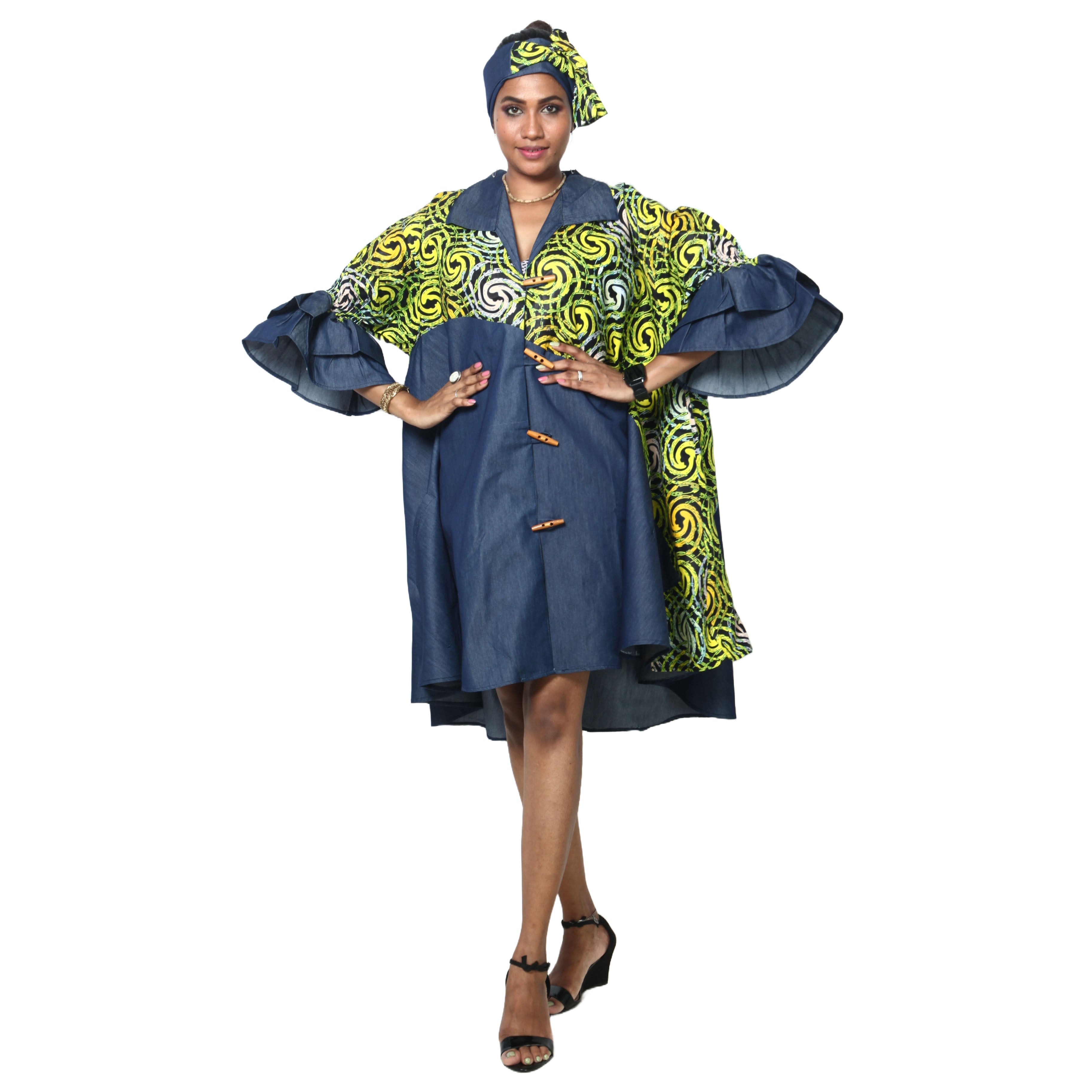 Women's Printed Denim Dress with Toggle Buttons -- FI-3139