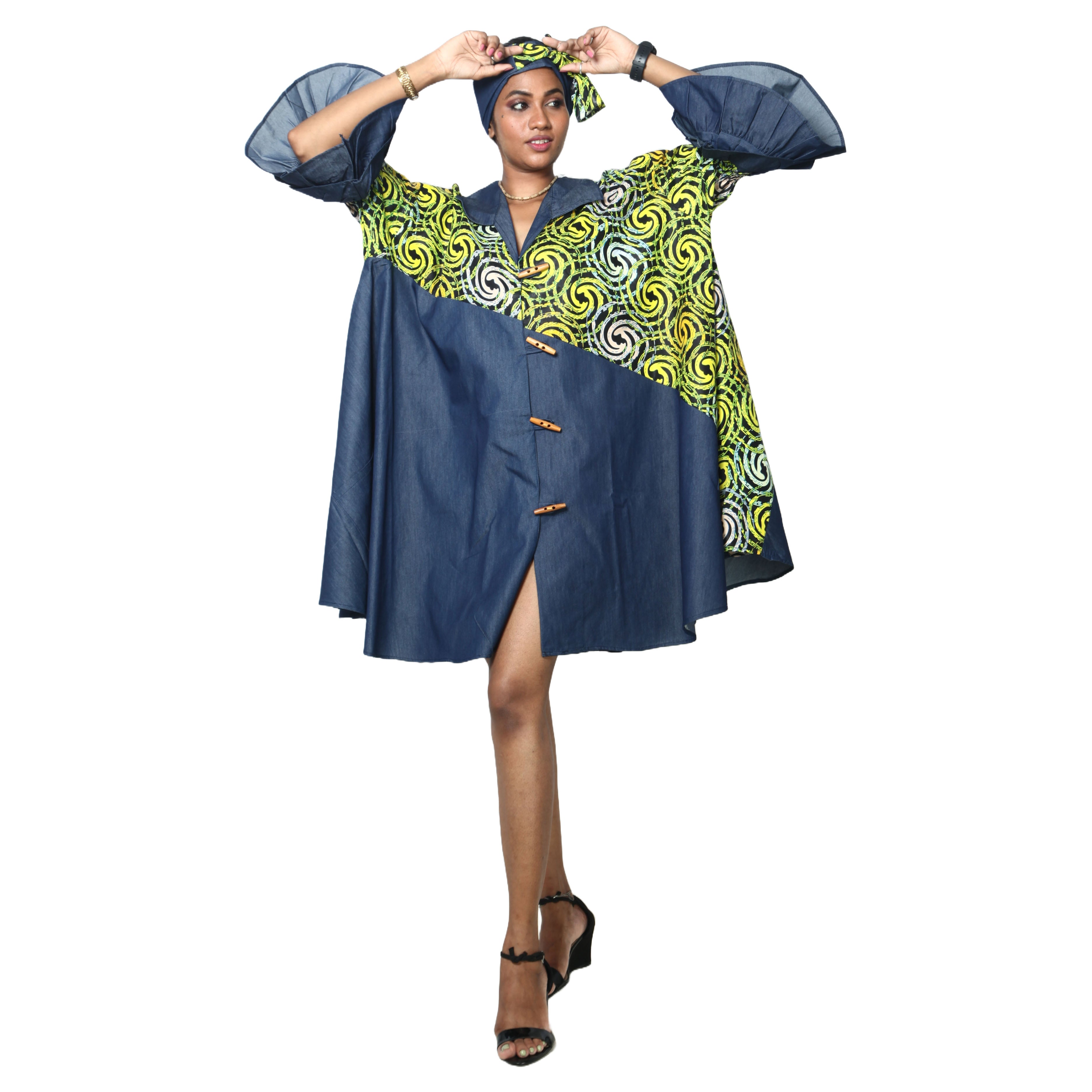 Women's Printed Denim Dress with Toggle Buttons -- FI-3139
