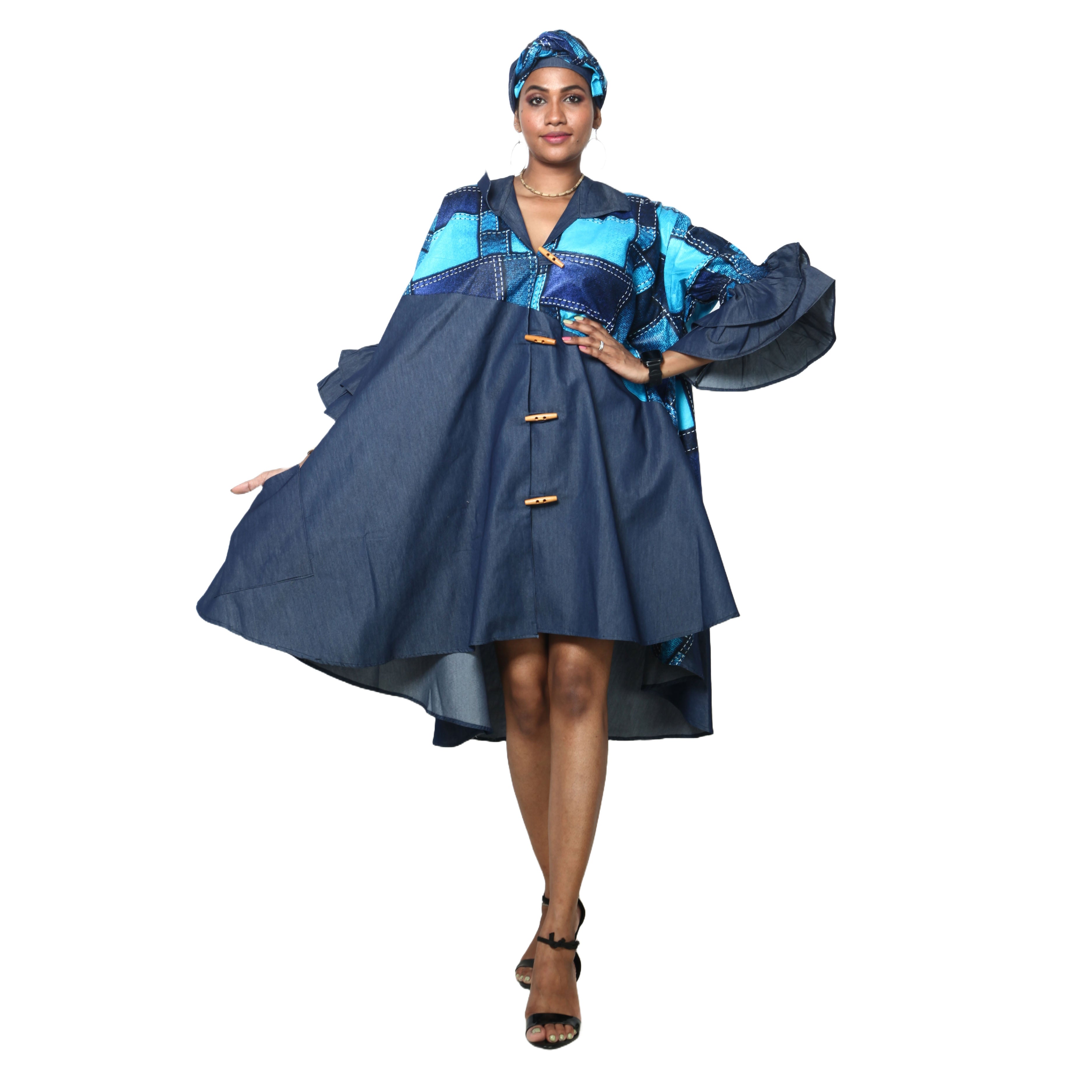 Women's Printed Denim Dress with Toggle Buttons -- FI-3139