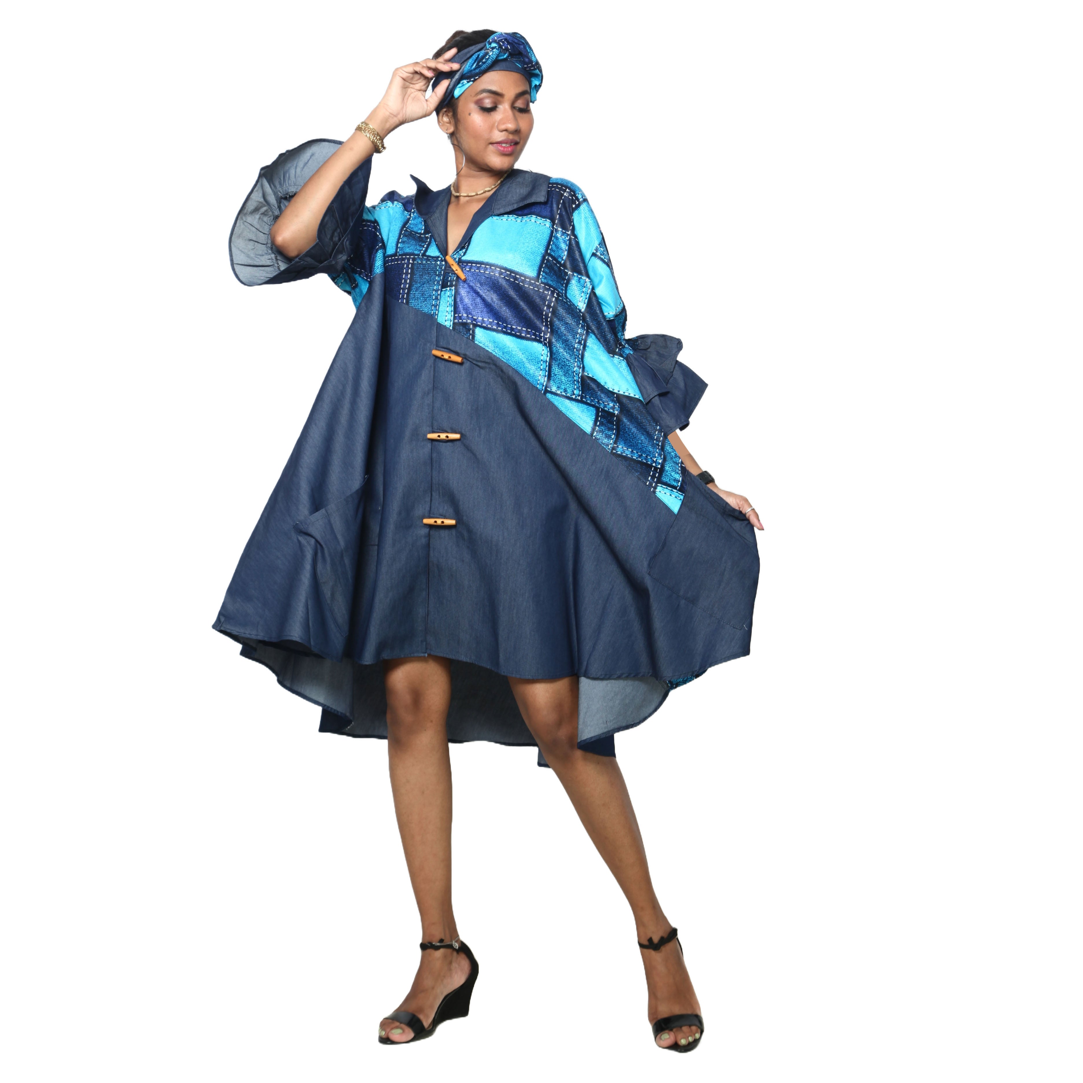 Women's Printed Denim Dress with Toggle Buttons -- FI-3139