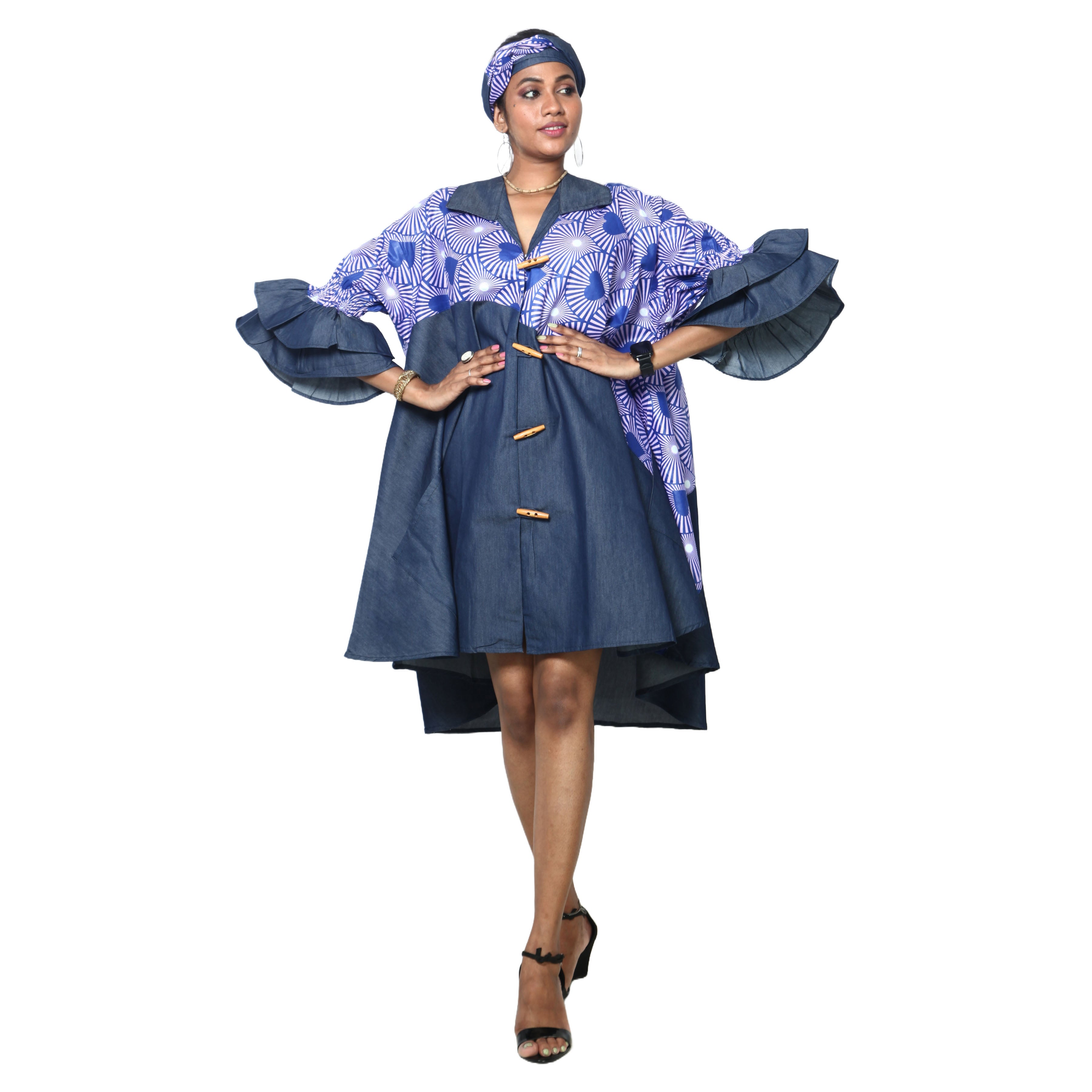 Women's Printed Denim Dress with Toggle Buttons -- FI-3139