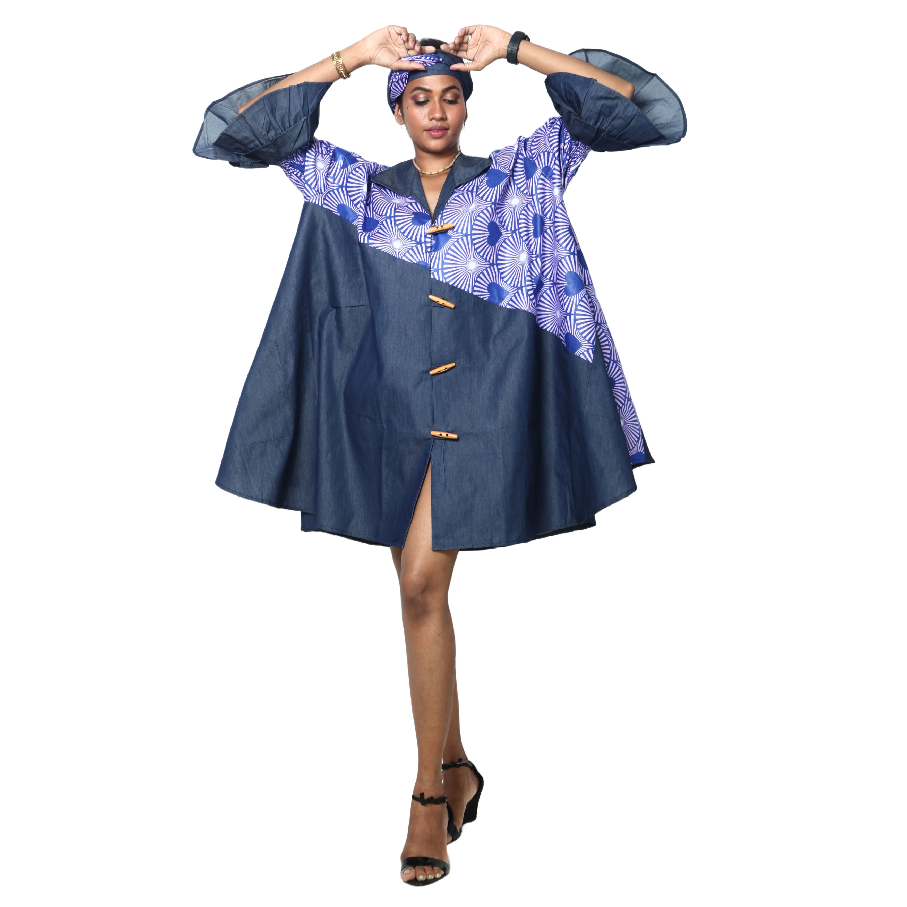 Women's Printed Denim Dress with Toggle Buttons -- FI-3139