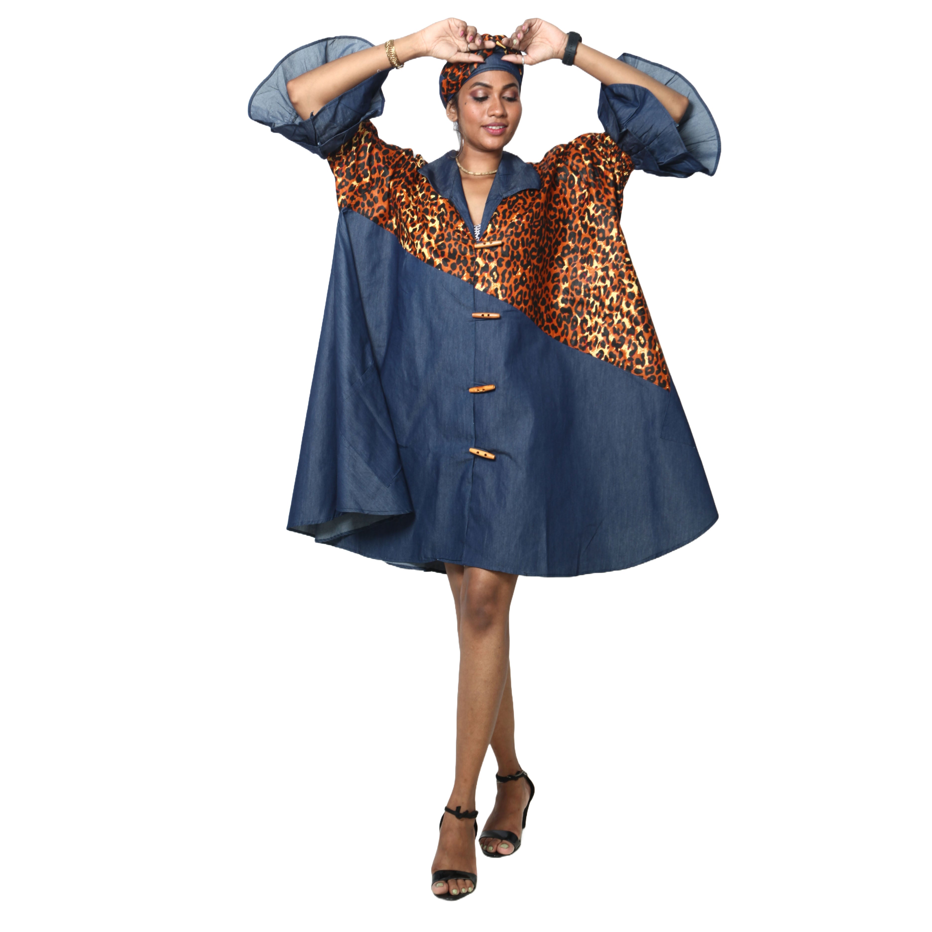 Women's Printed Denim Dress with Toggle Buttons -- FI-3139