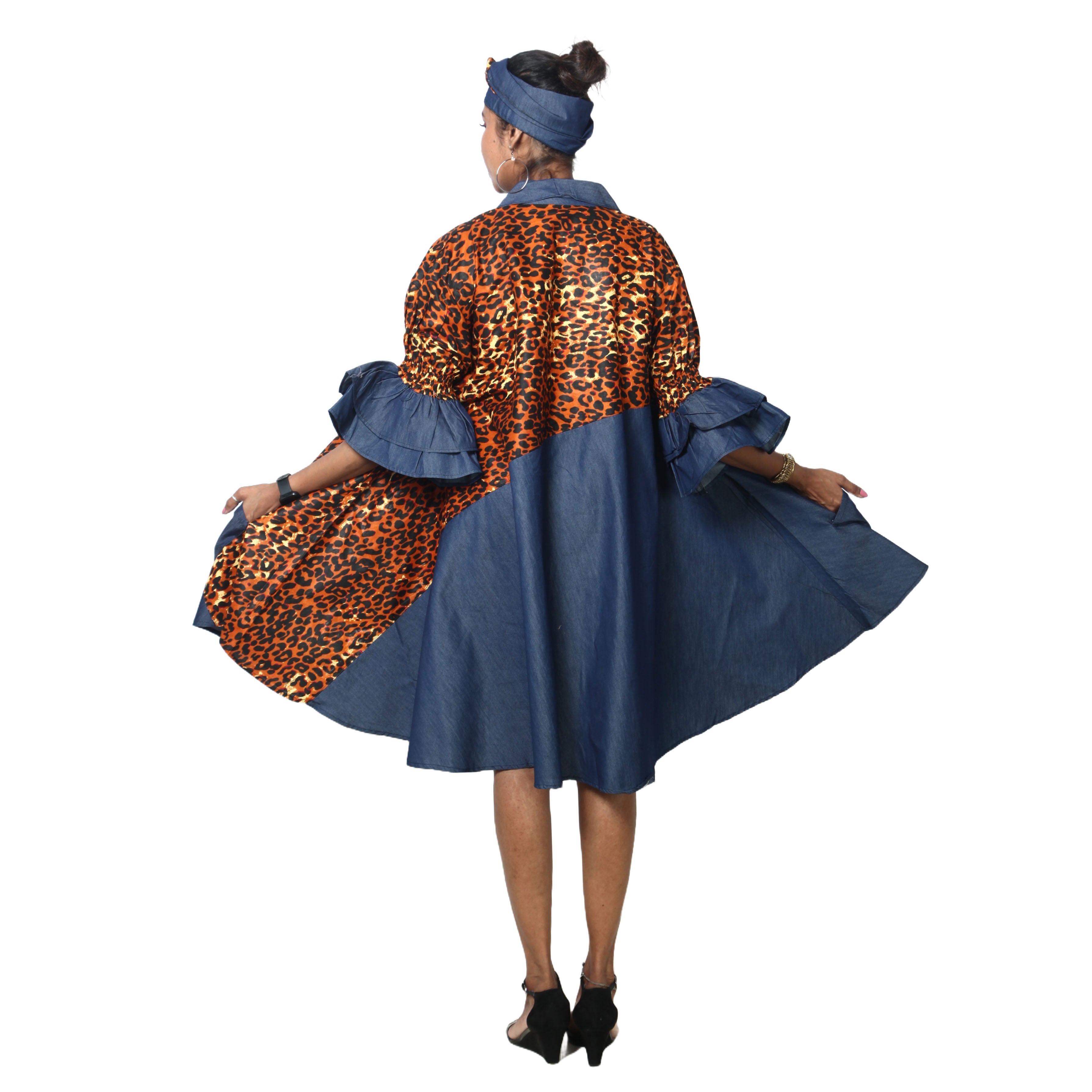 Women's Printed Denim Dress with Toggle Buttons -- FI-3139
