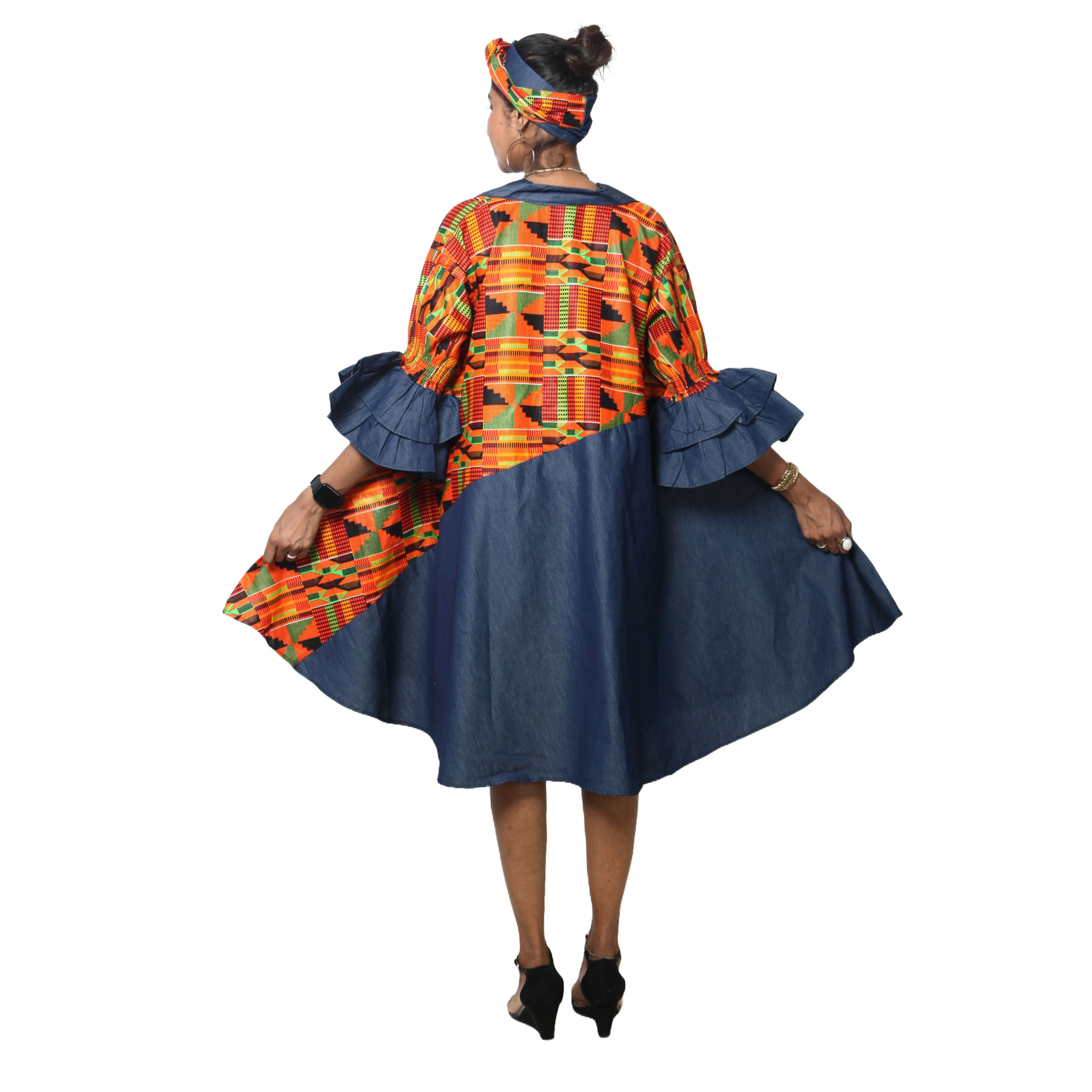 Women's Printed Denim Dress with Toggle Buttons -- FI-3139