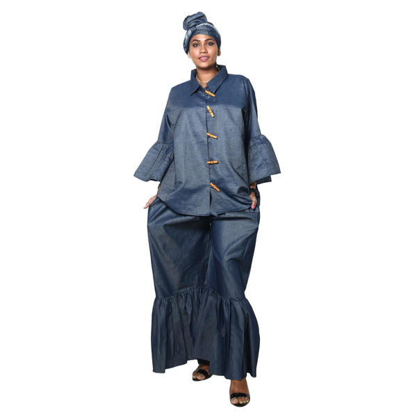 Women's Button Down Top and Palazzo Pants Set -- FI-4051 Denim