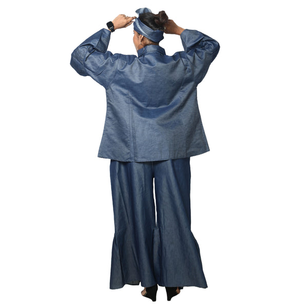 Women's Button Down Top and Palazzo Pants Set -- FI-4051 Denim