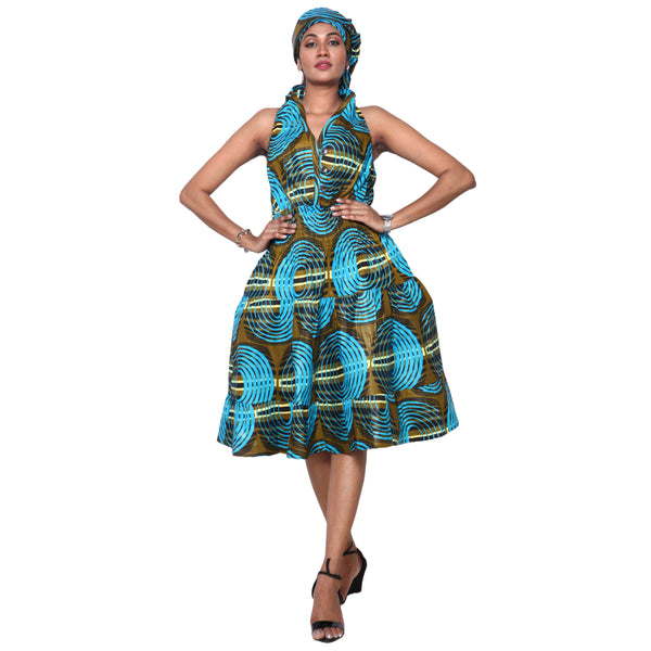 Women's 3 Button Halter Midi Smocking Dress -- FI-3028S