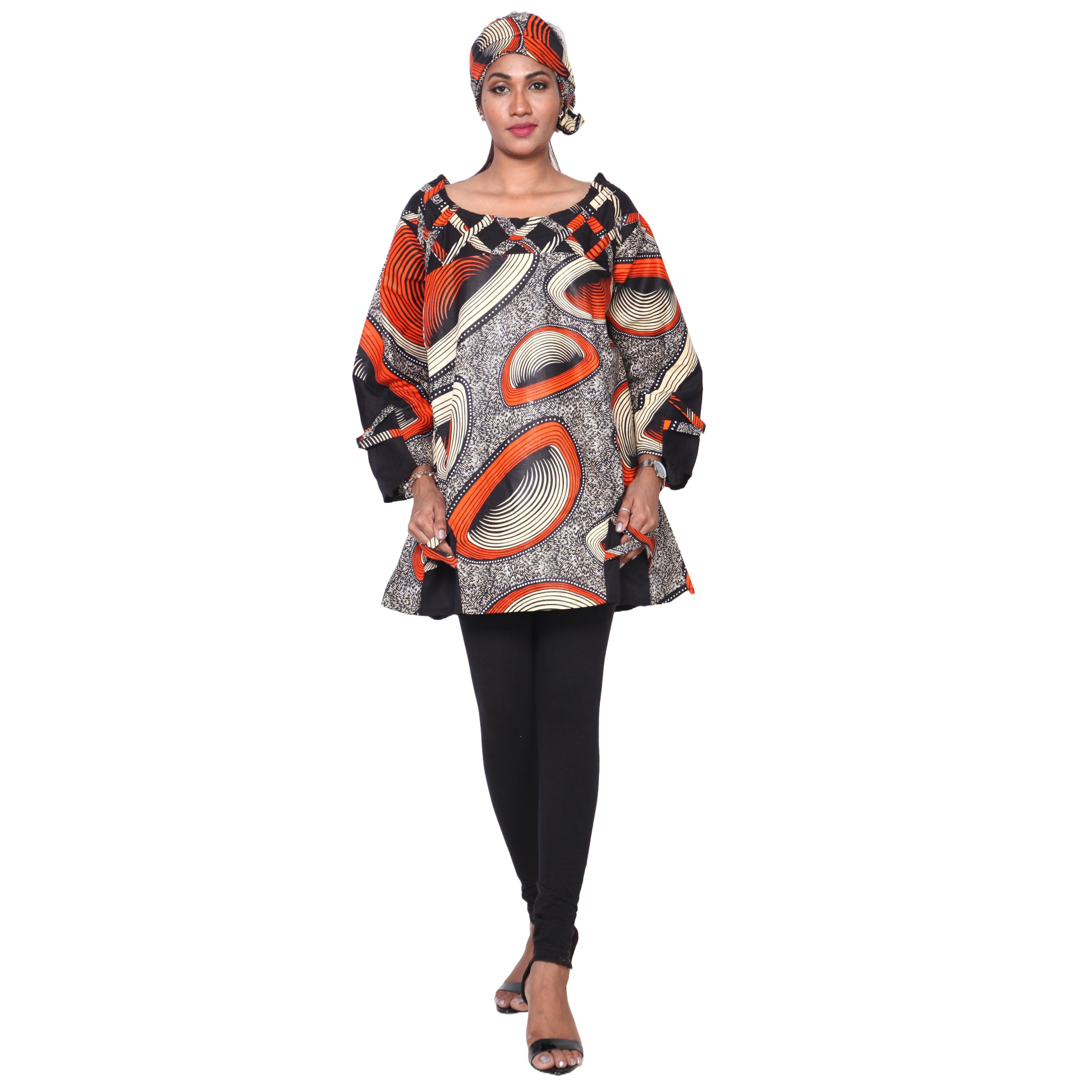 Women's Cage Neck Long Sleeve Tunic Top orange black