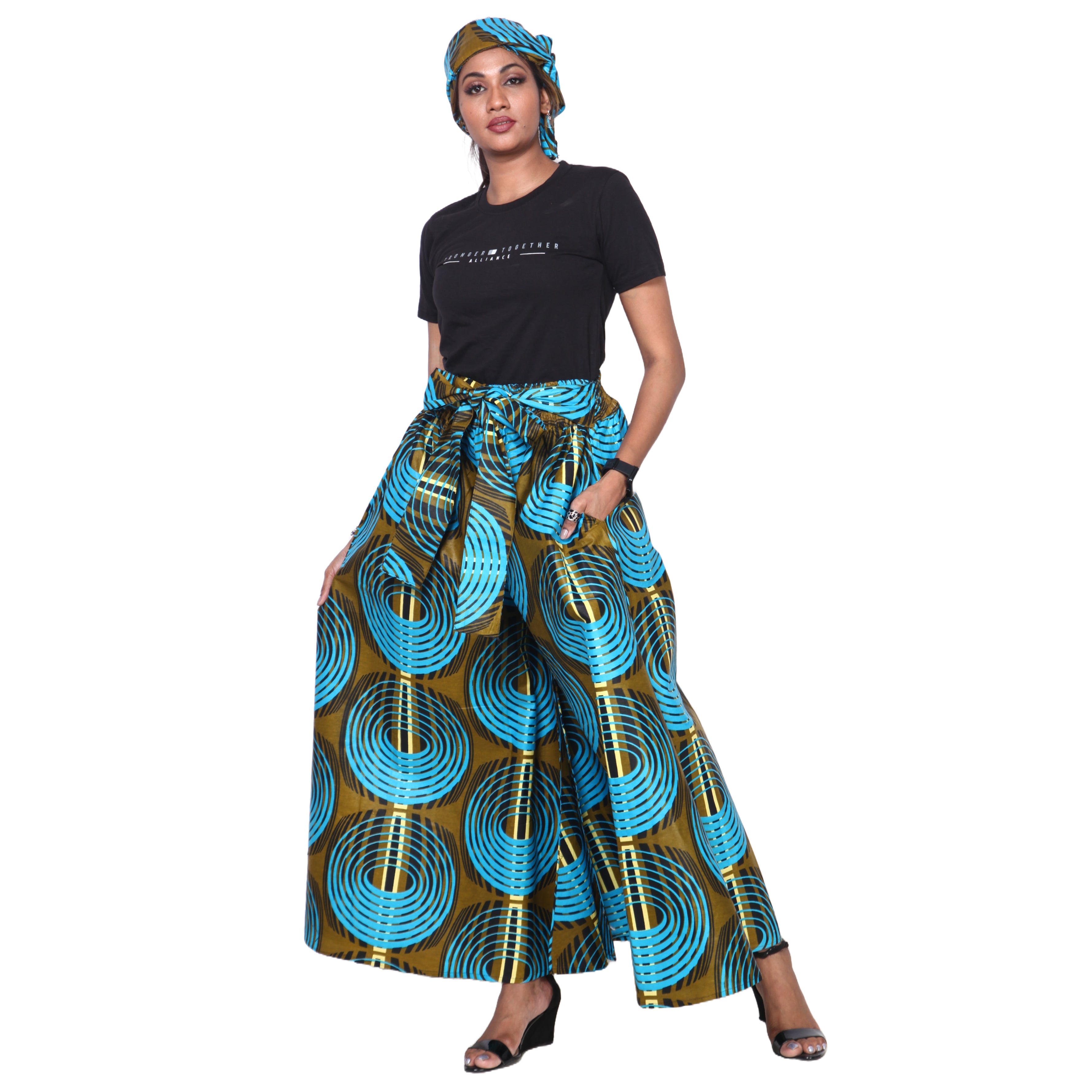Women's African Printed Tie Waist Palazzo Pants -- FI-50
