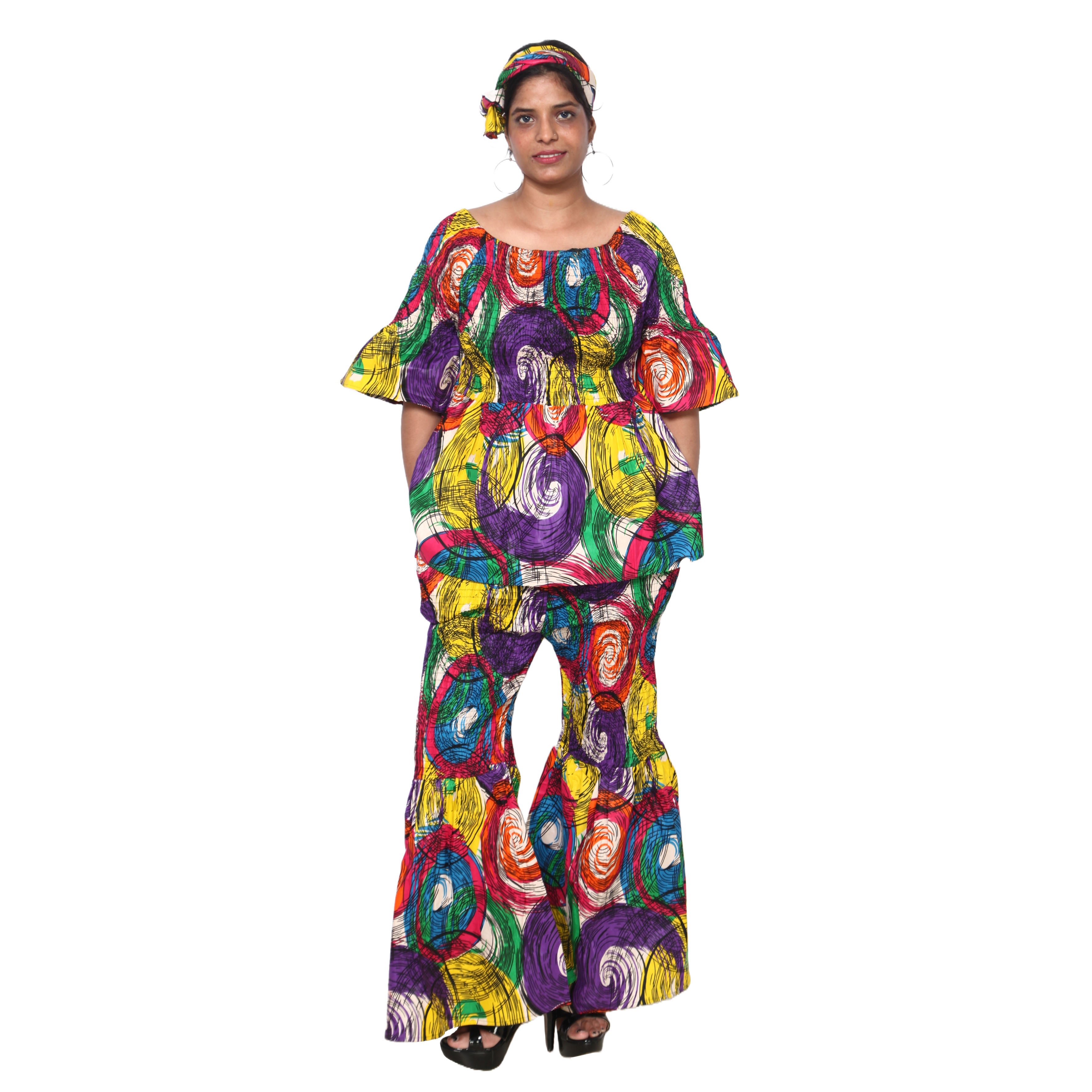 Women's Smocked Off Shoulder Peplum Top and Flare Pants Set -- FI-4043
