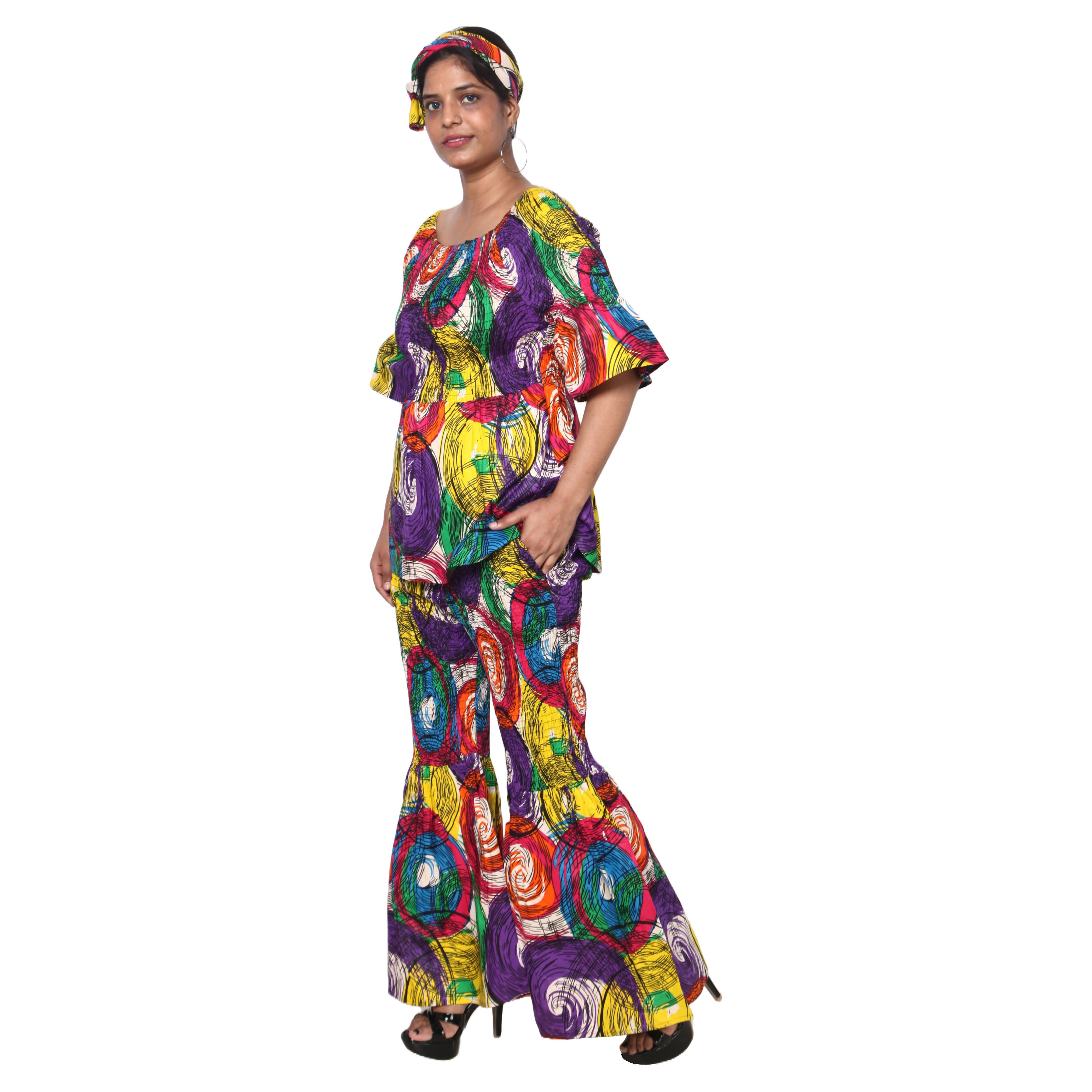 Women's Smocked Off Shoulder Peplum Top and Flare Pants Set -- FI-4043
