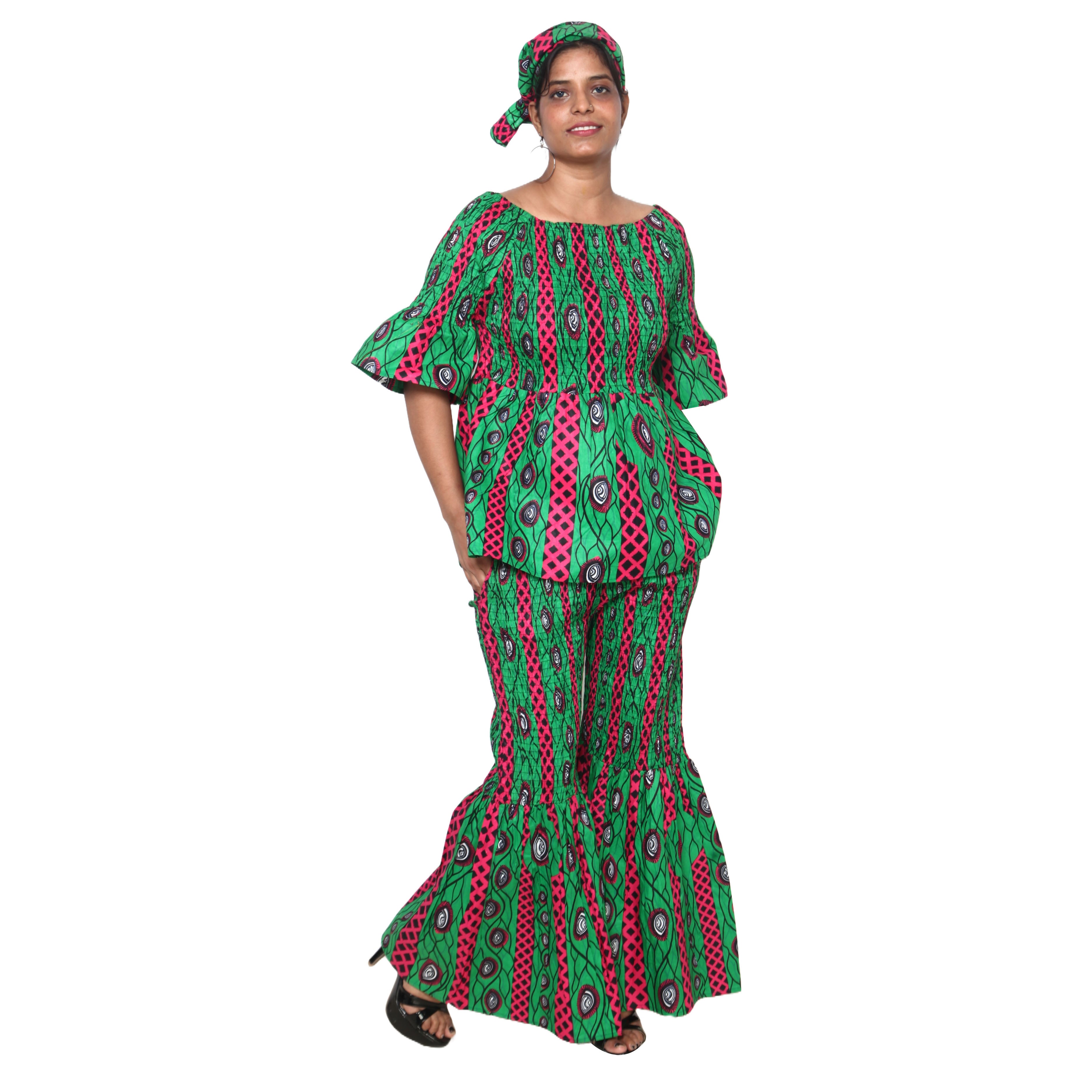 Women's Smocked Off Shoulder Peplum Top and Flare Pants Set -- FI-4043