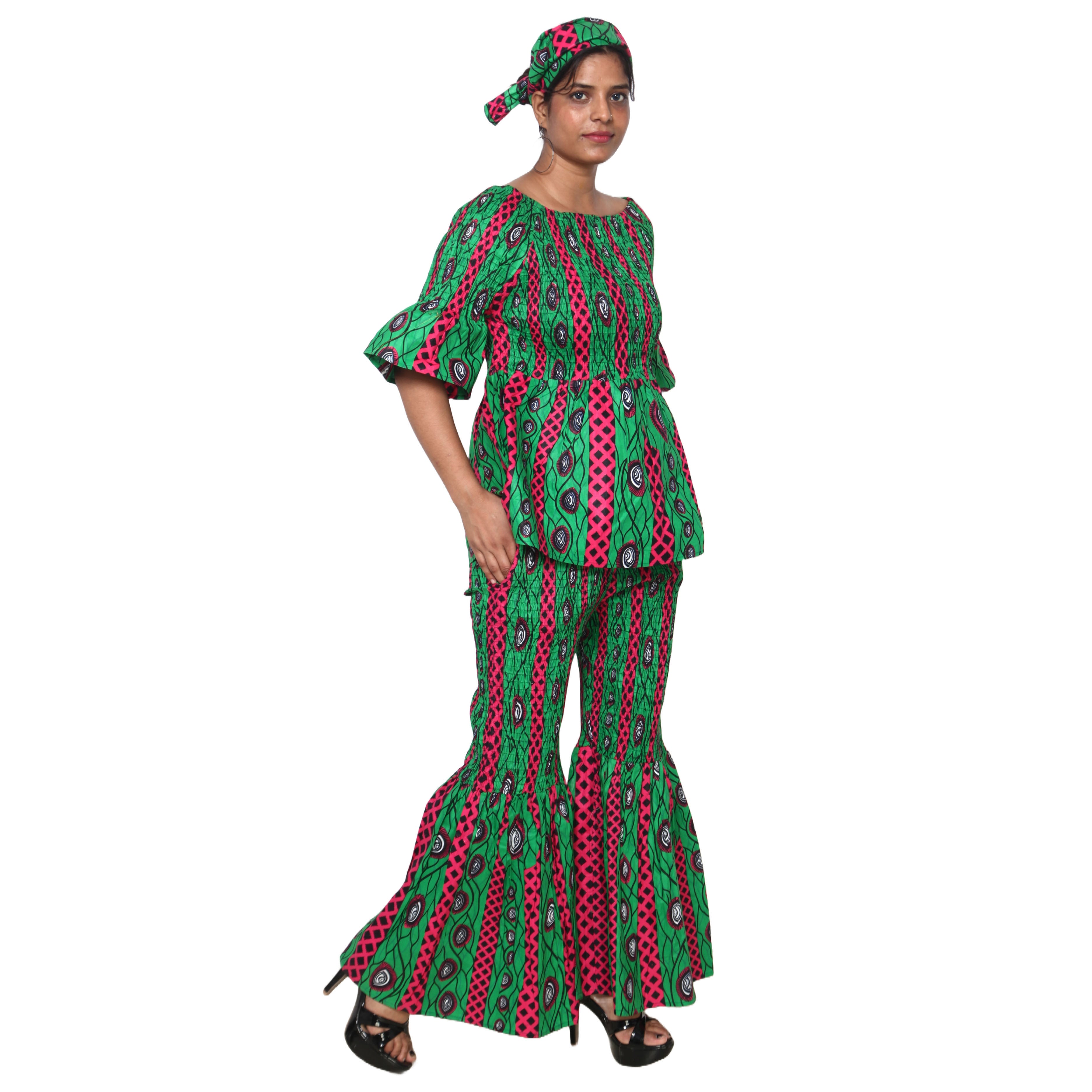Women's Smocked Off Shoulder Peplum Top and Flare Pants Set -- FI-4043
