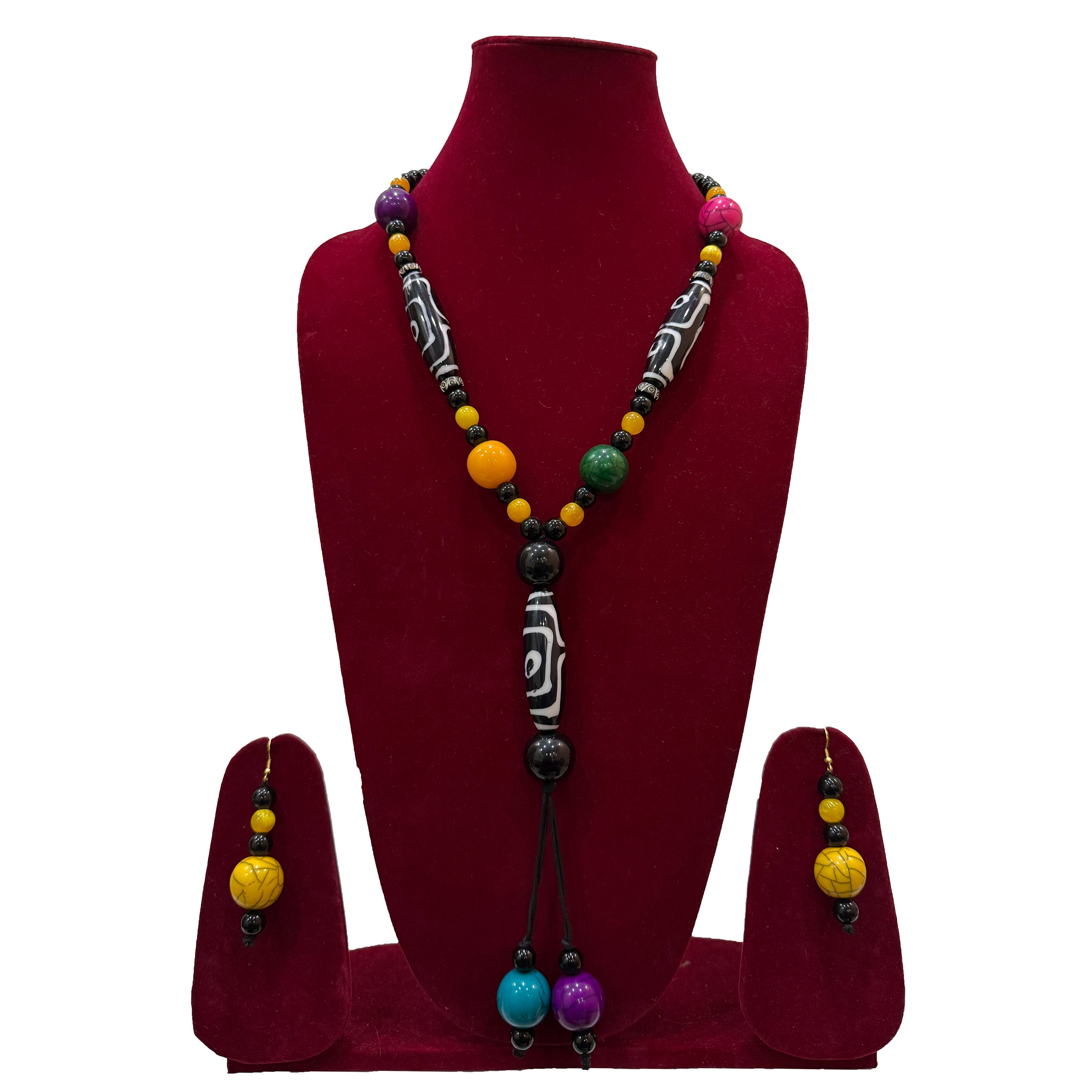 African Beaded Necklace with Colorful Beads and Matching Earrings