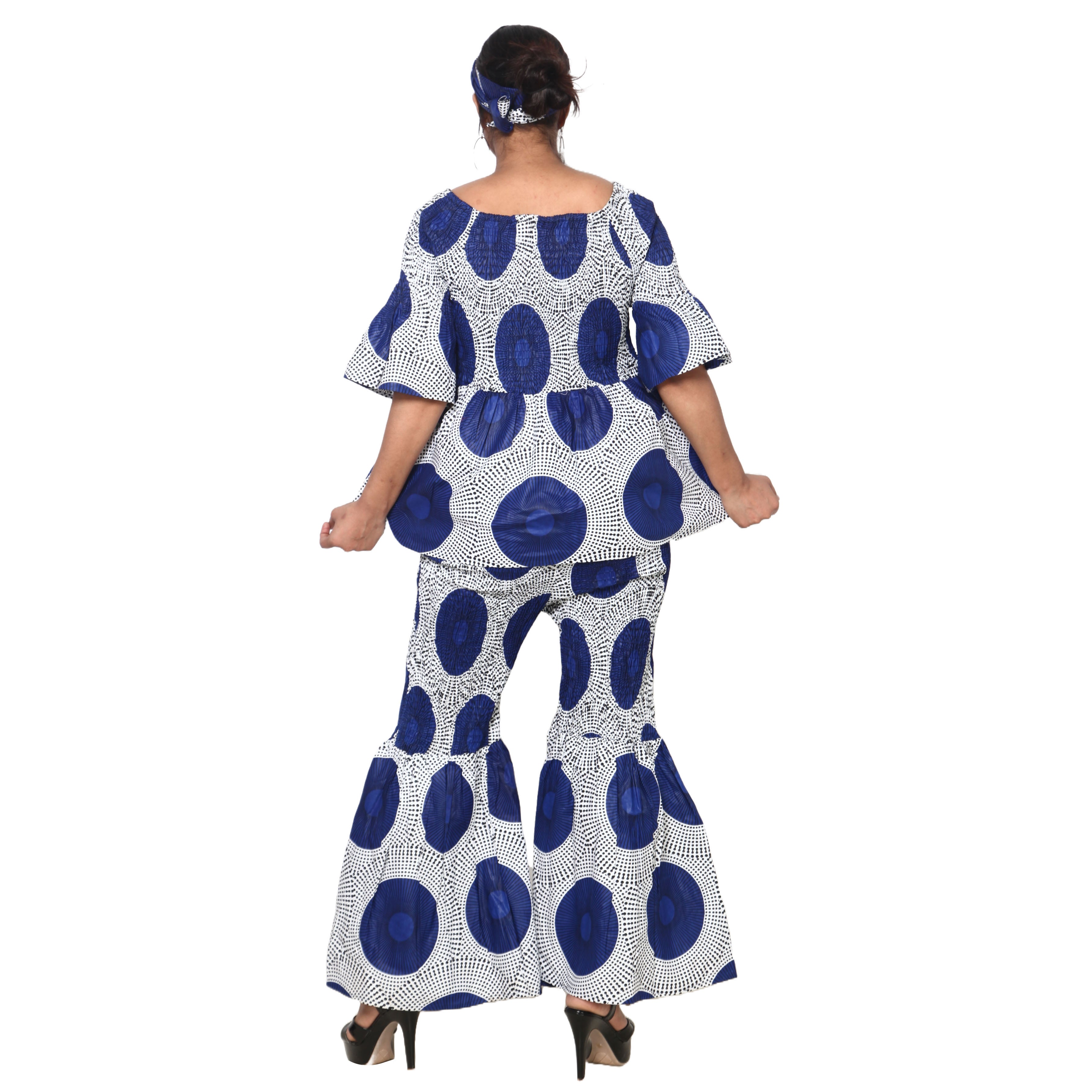 Women's Smocked Off Shoulder Peplum Top and Flare Pants Set -- FI-4043