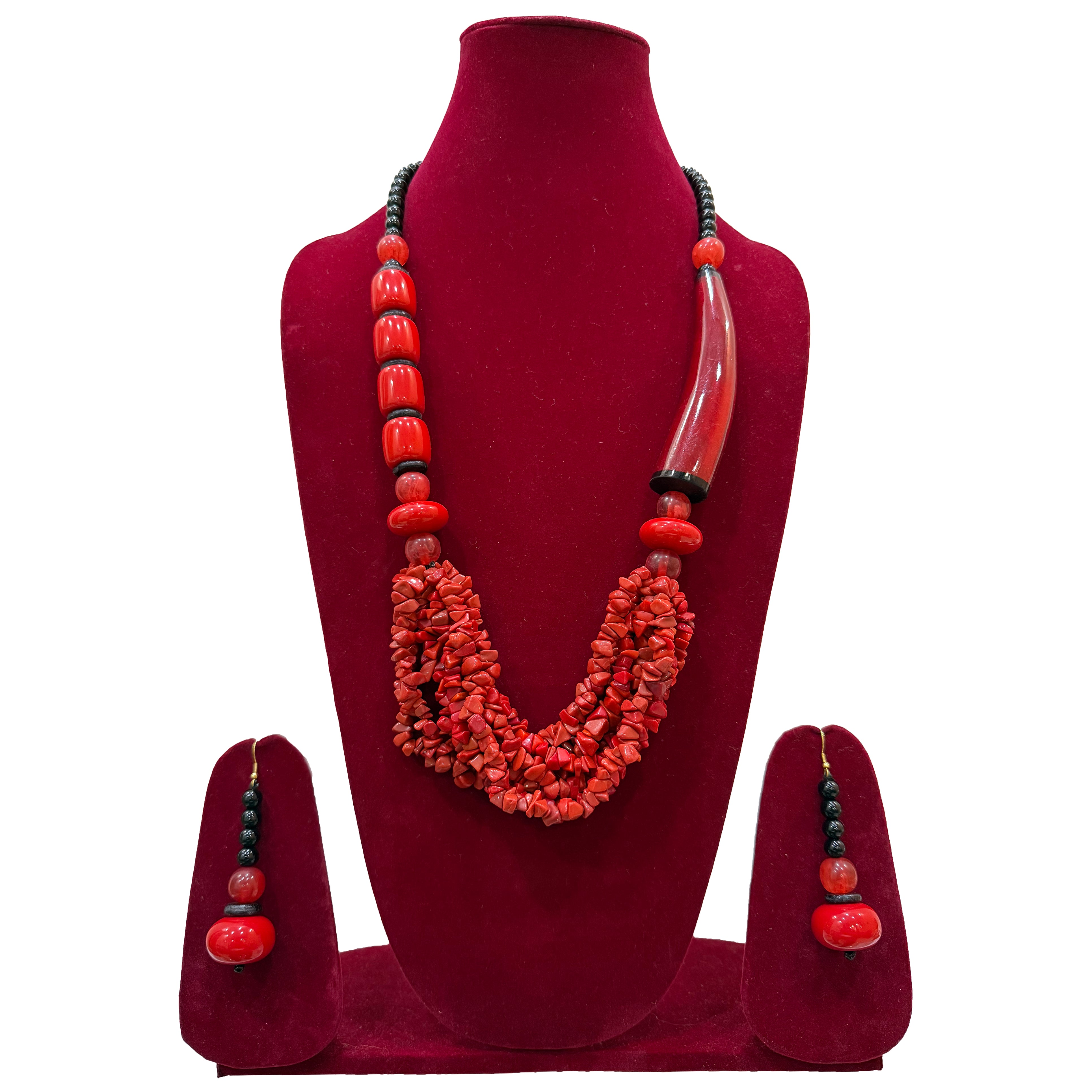 Coral Beaded Necklace with Multi-Strand Design and Matching Earrings