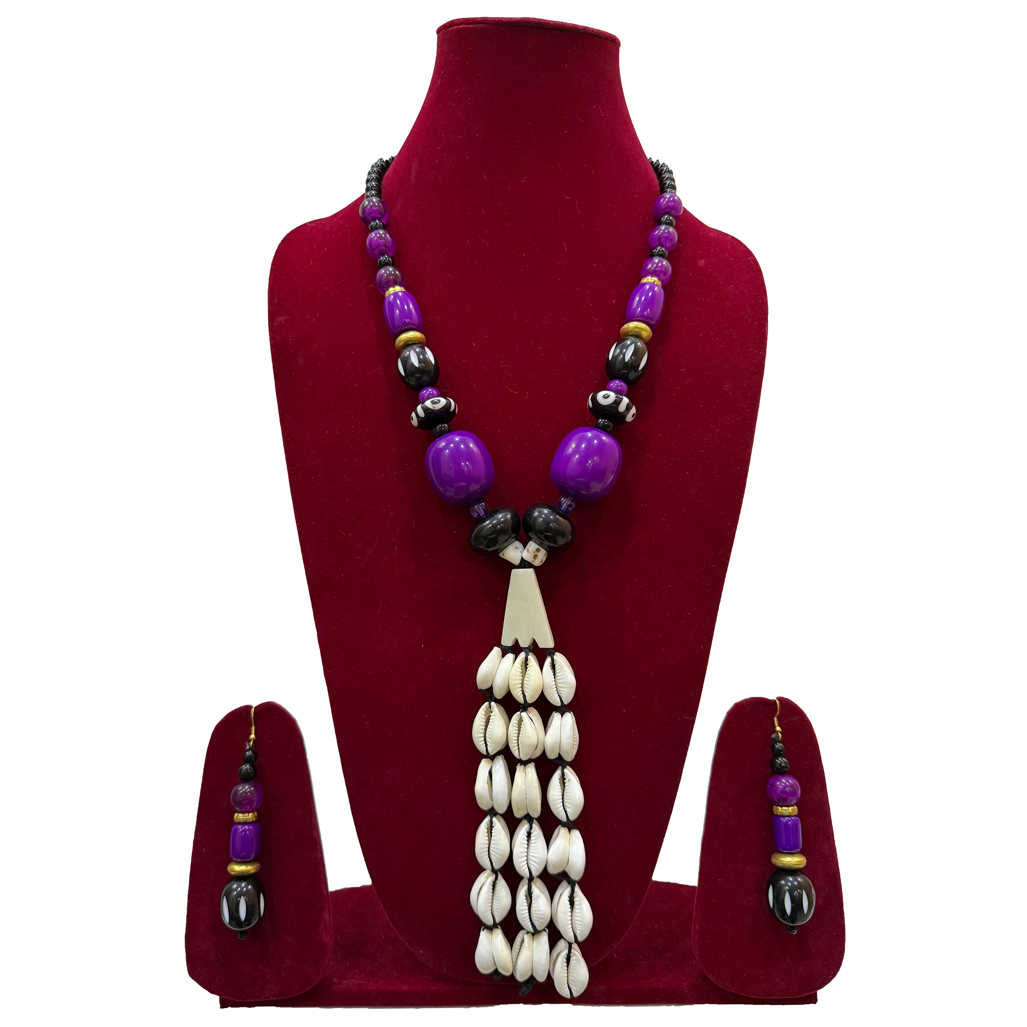 Purple and White Tribal-Inspired Beaded Necklace with Earrings