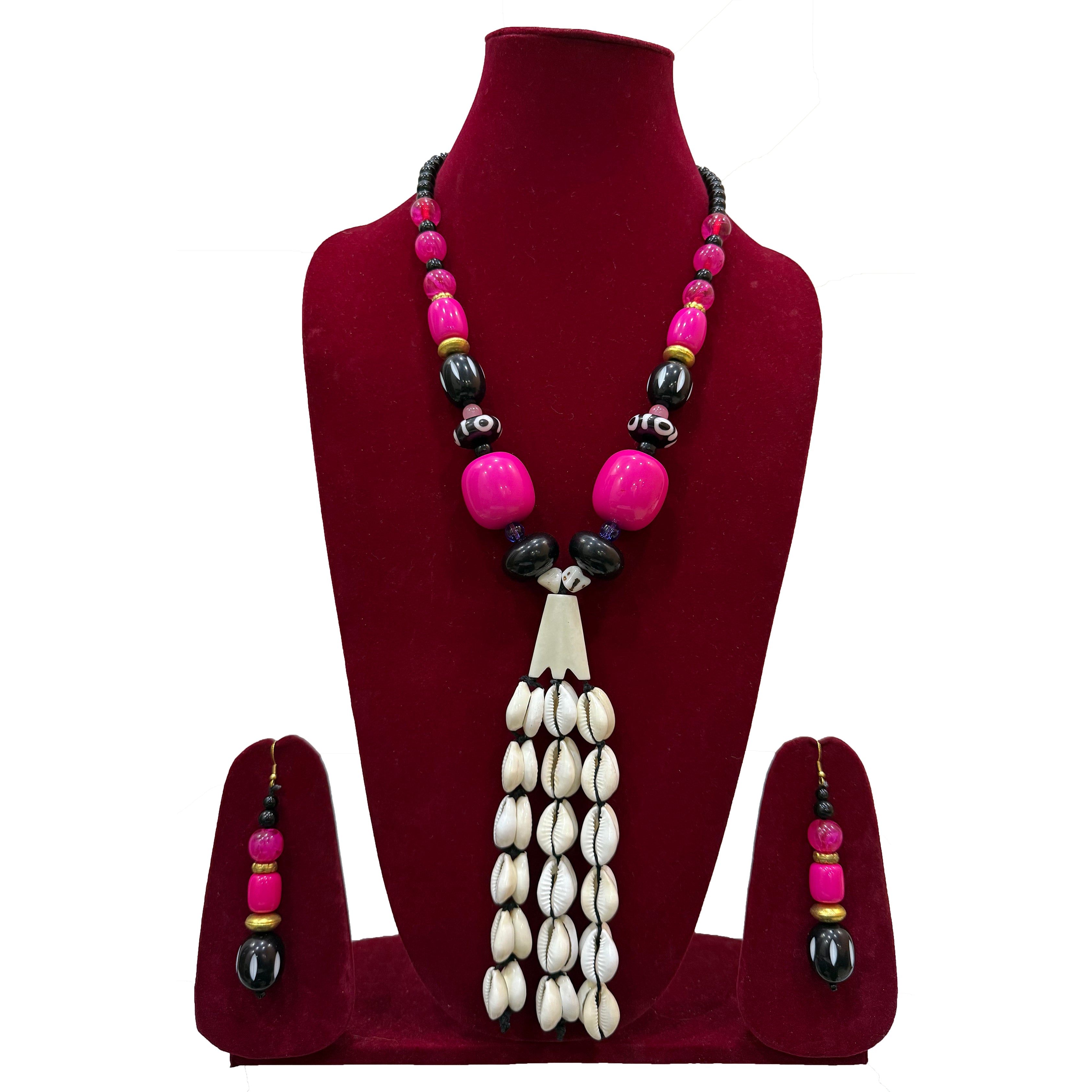 Purple and White Tribal-Inspired Beaded Necklace with Earrings