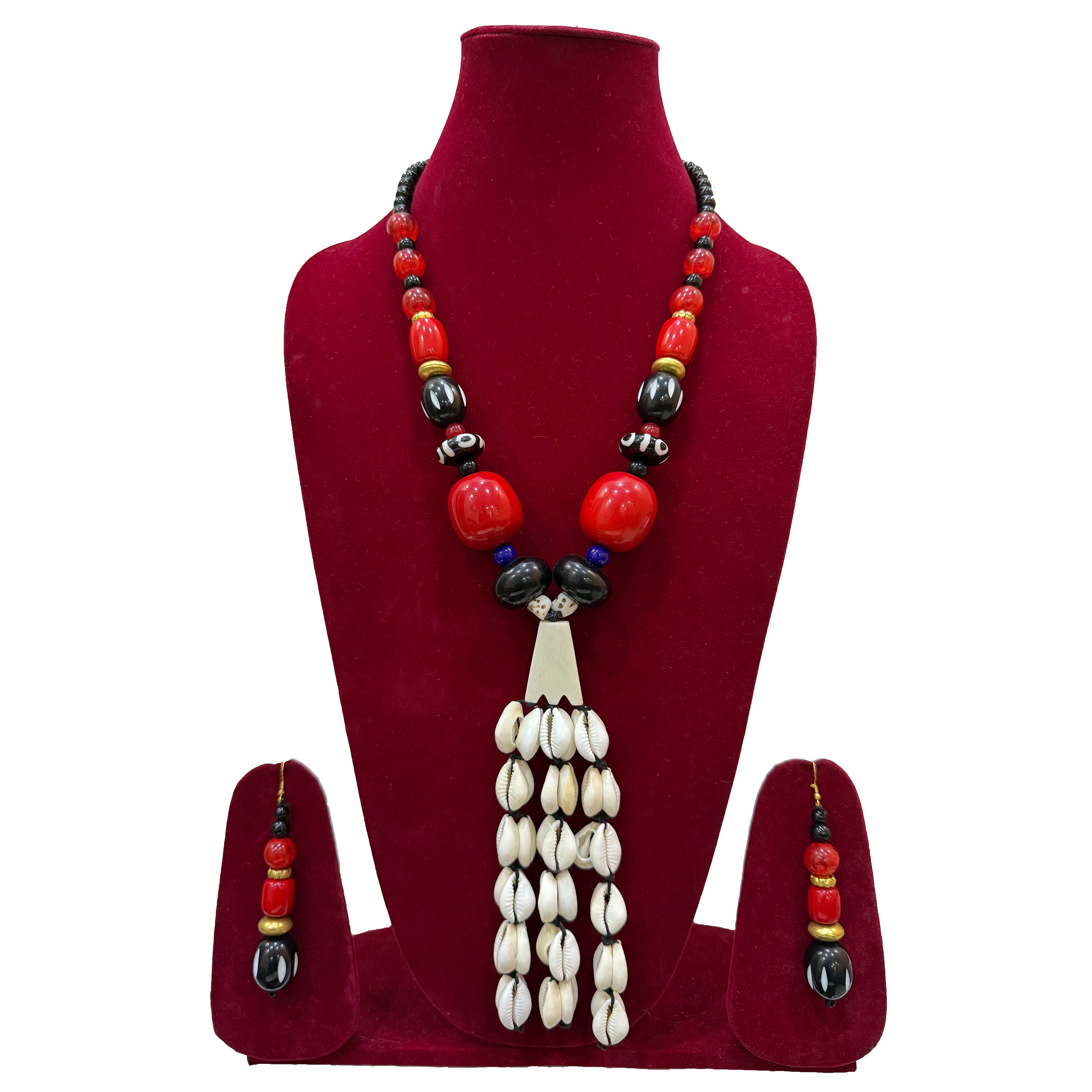 Purple and White Tribal-Inspired Beaded Necklace with Earrings