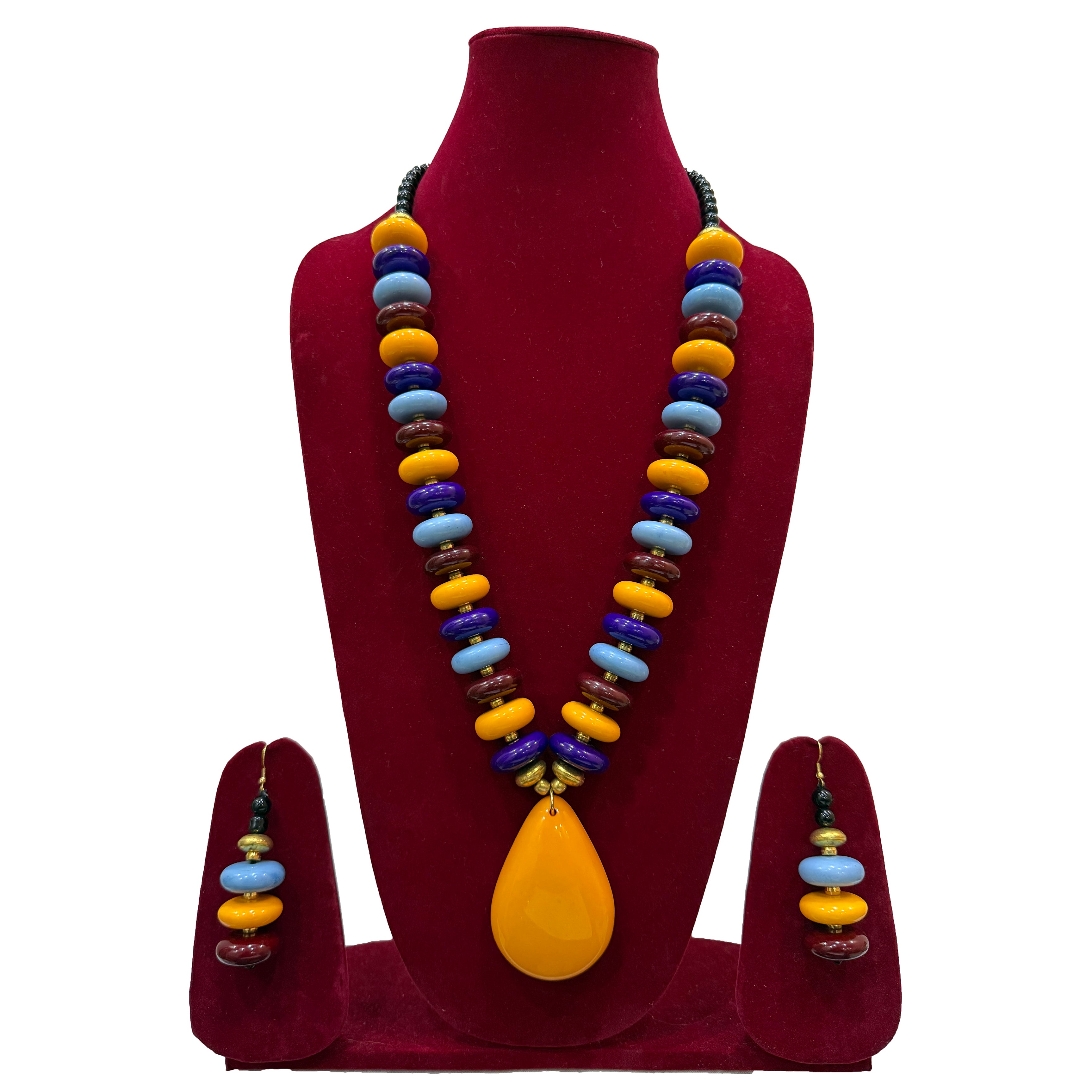 Handmade Multi-Colored Beaded Necklace with Teardrop Pendant and Earrings