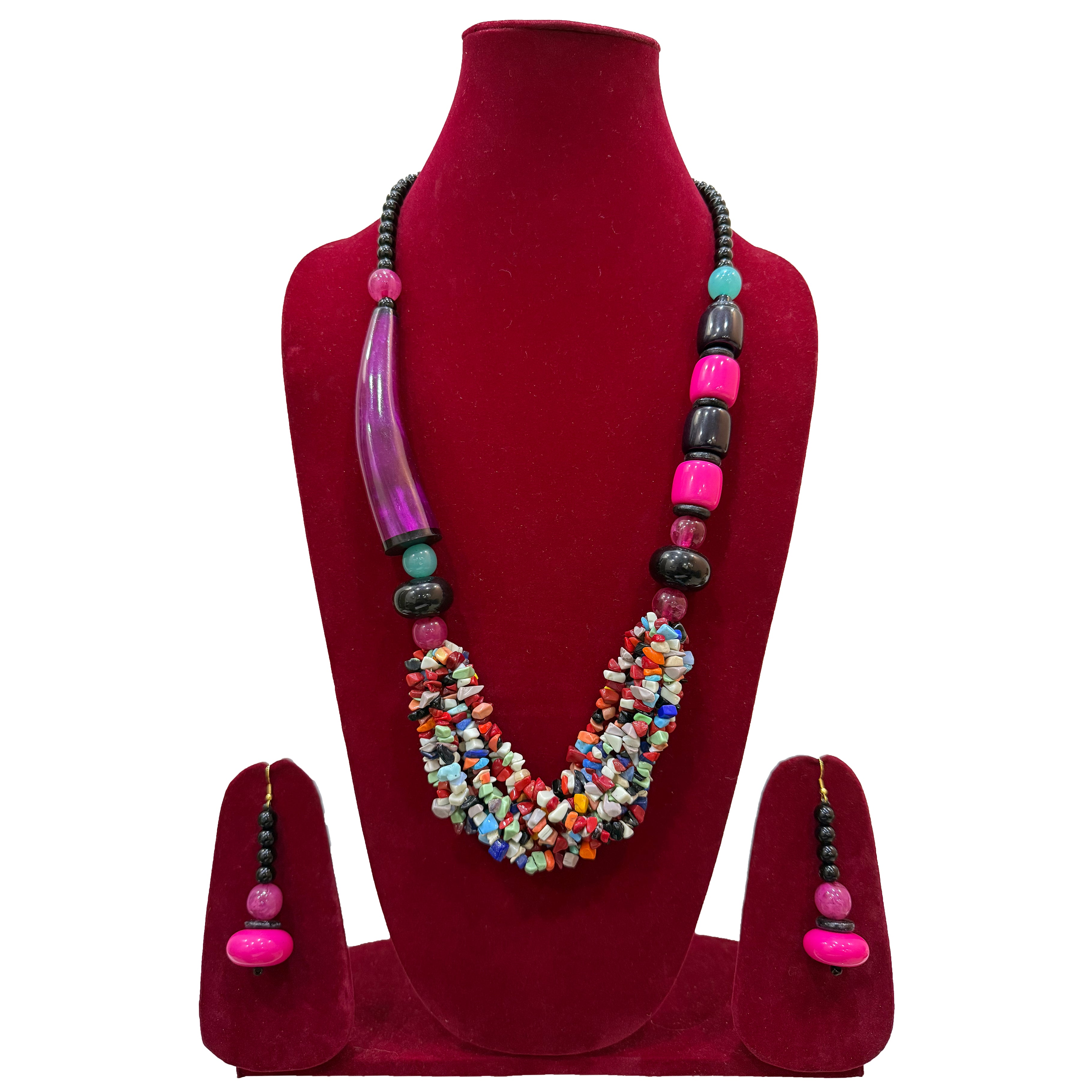 Coral Beaded Necklace with Multi-Strand Design and Matching Earrings