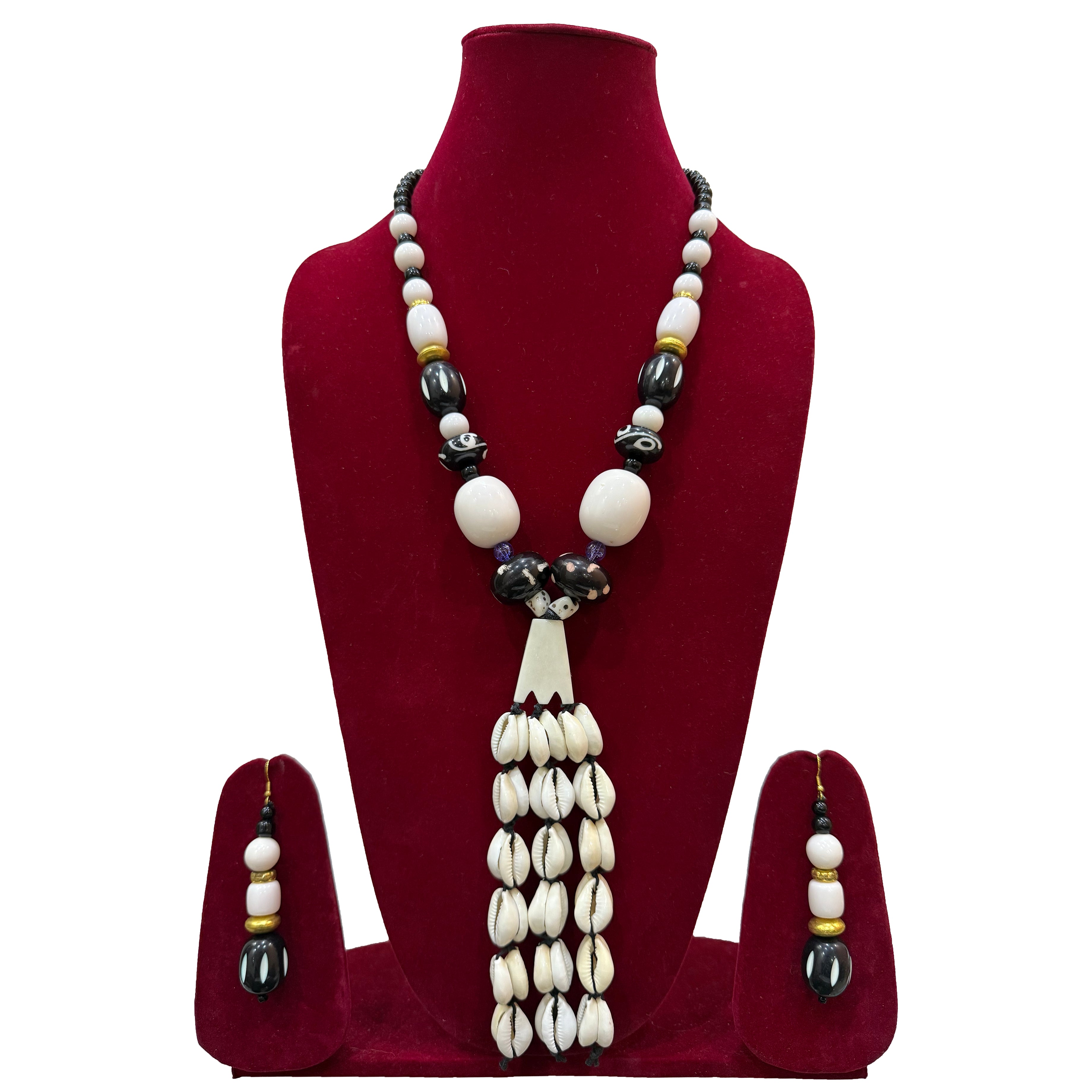 Purple and White Tribal-Inspired Beaded Necklace with Earrings