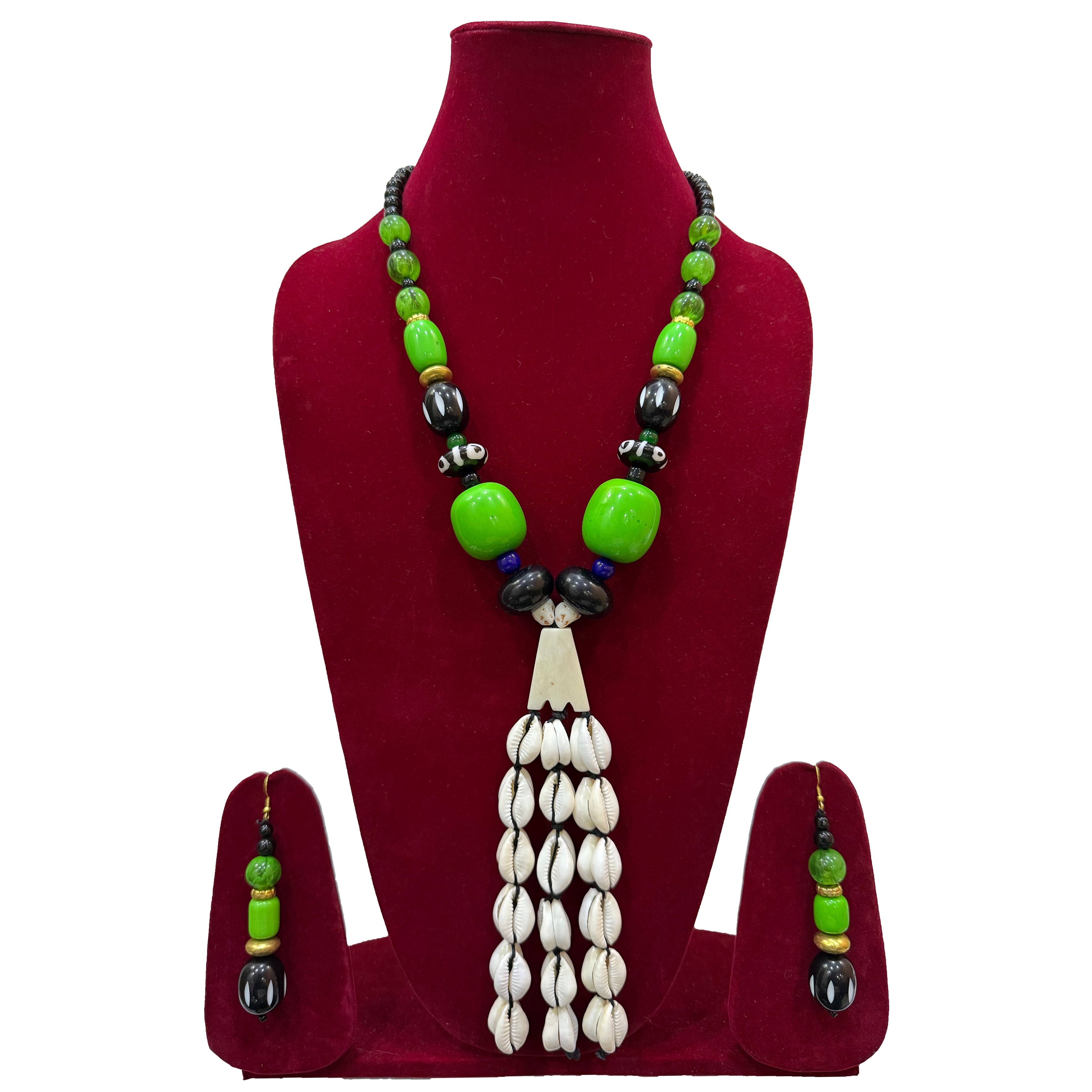 Purple and White Tribal-Inspired Beaded Necklace with Earrings