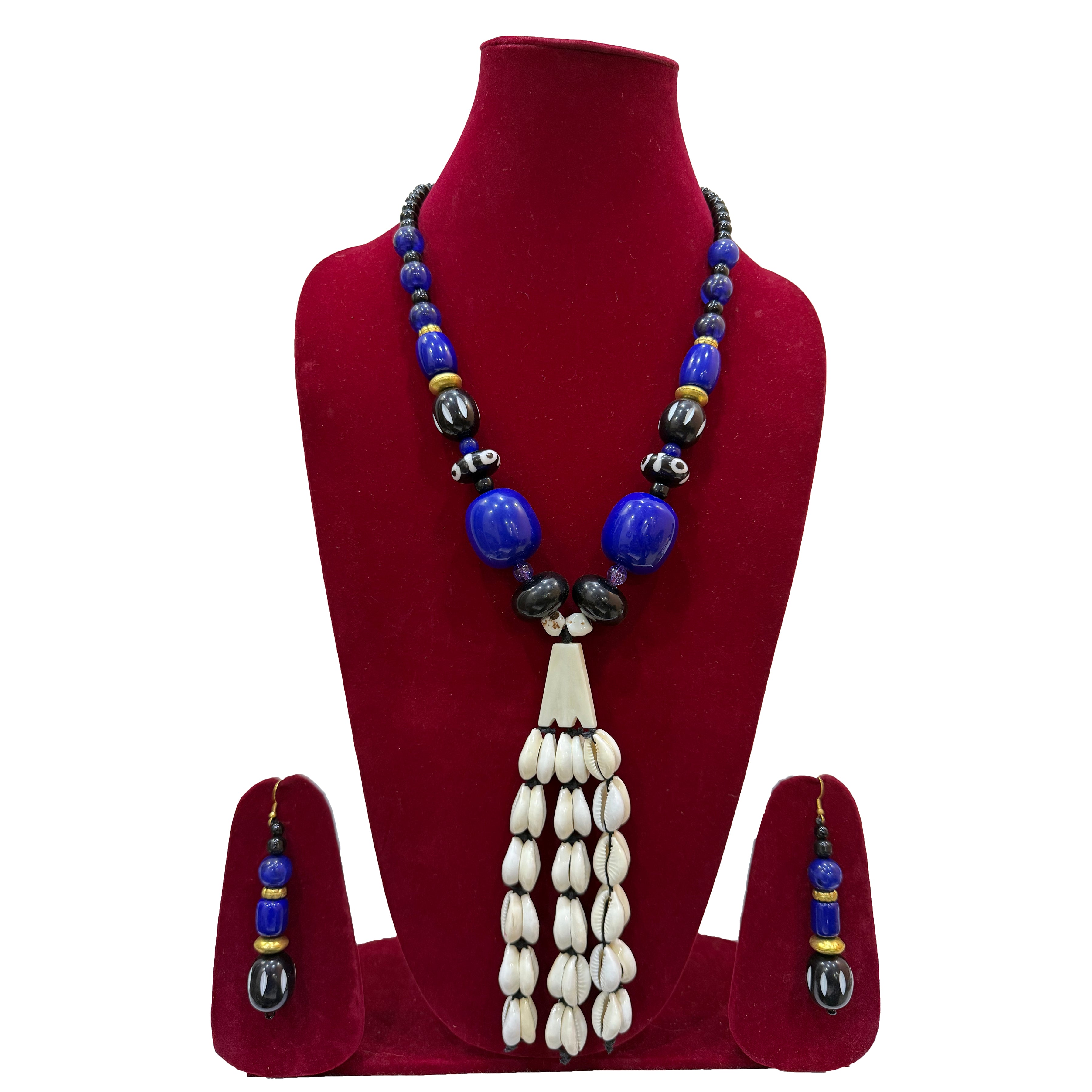 Purple and White Tribal-Inspired Beaded Necklace with Earrings