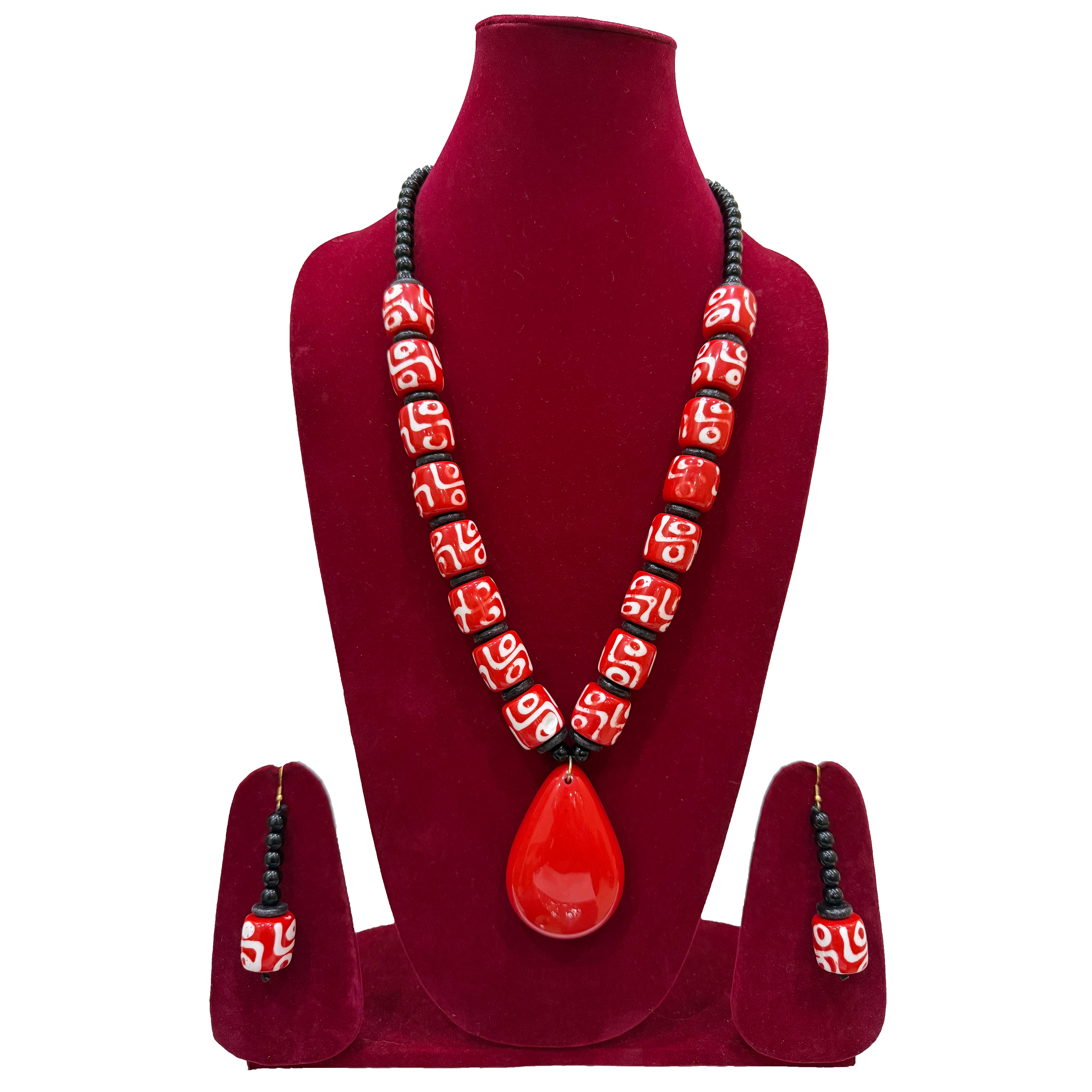Red African Statement Beaded Necklace with Matching Earrings