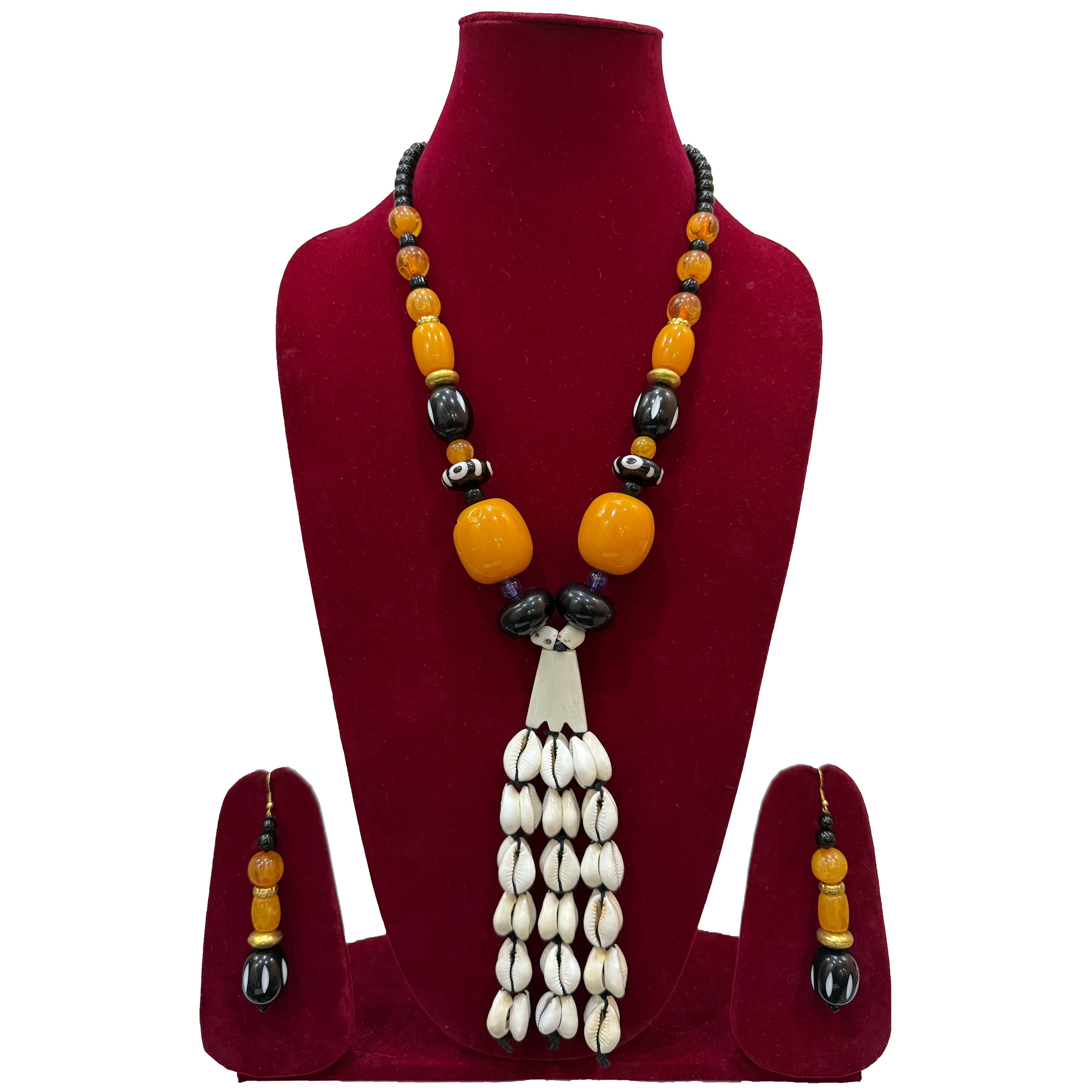 Purple and White Tribal-Inspired Beaded Necklace with Earrings